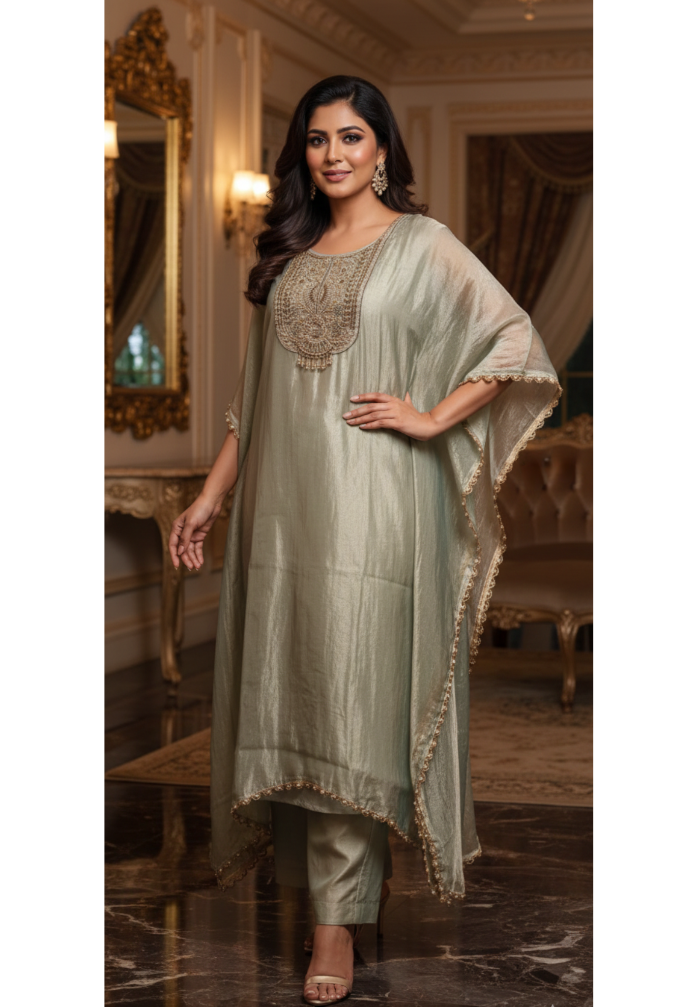 Metallic Aura Embroidered Yoke Premium Kaftan With Bottom- 13471