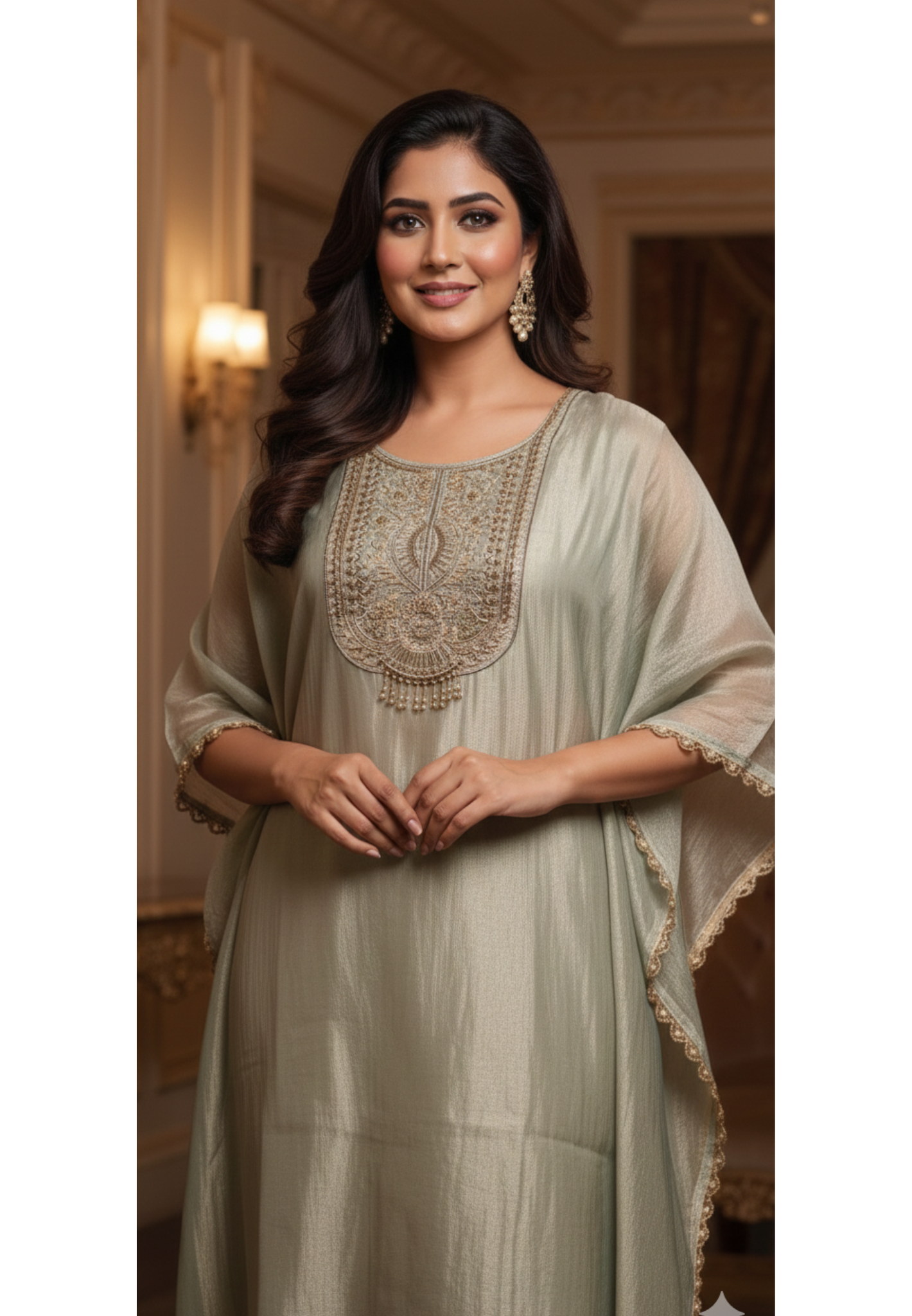 Metallic Aura Embroidered Yoke Premium Kaftan With Bottom- 13471