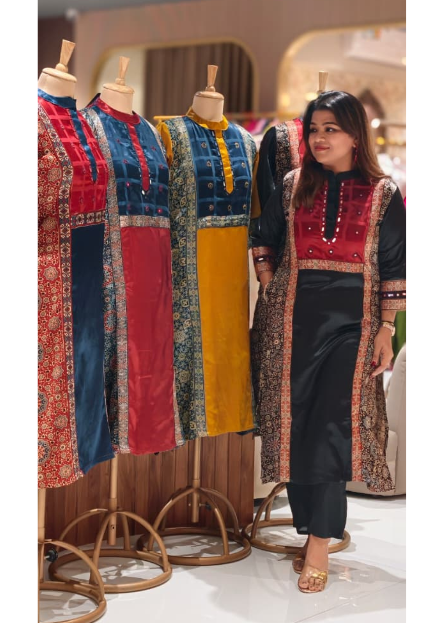 Mirror Work Cobalt Stripe Printed Gajji Silk A-Line Long Kurti Only With Side Pockets