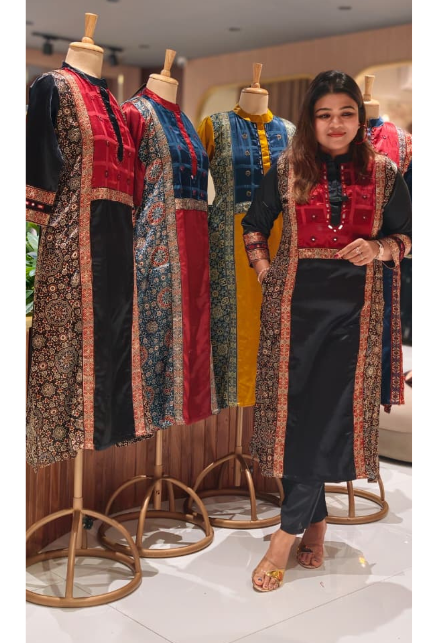 Mirror Work Cobalt Stripe Printed Gajji Silk A-Line Long Kurti Only With Side Pockets