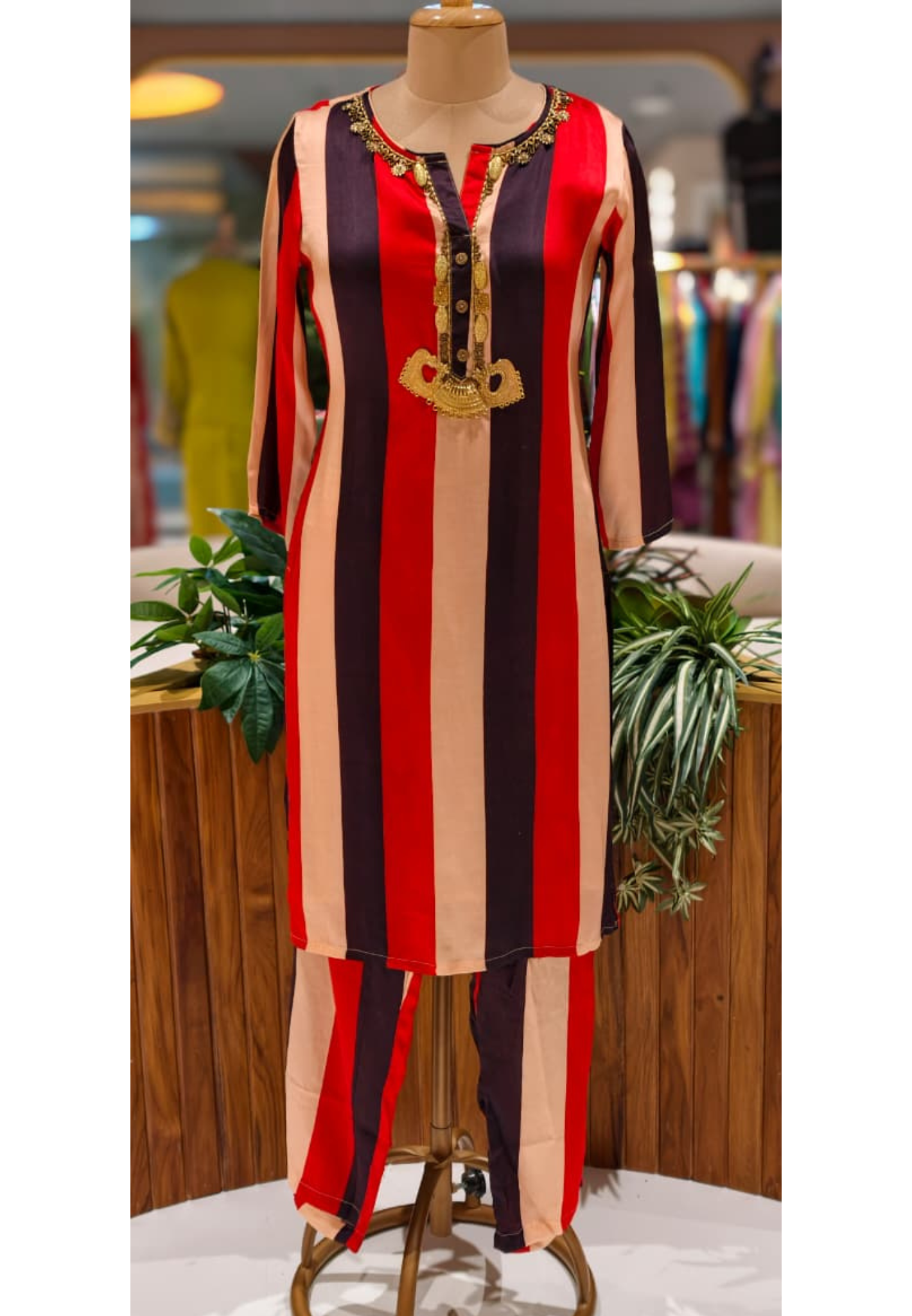 Striking Striped Bold Contemporary Neck Piece Look Kurta With Matching Bottom Set In Modal Satin Fabric- 13483