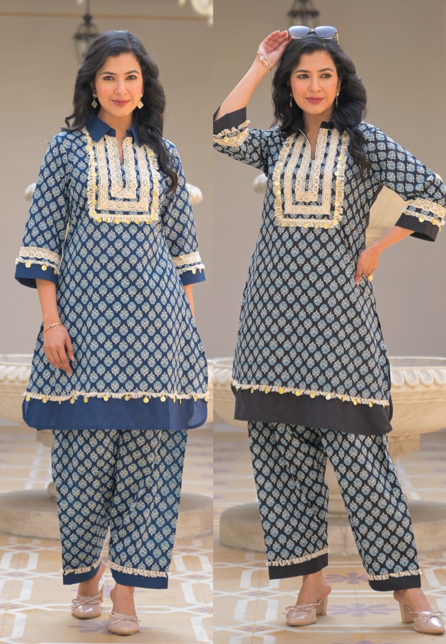 Lace-Trimmed Gilded Foil Upwork Printed Cotton Collared Co-Ord Set- 13485