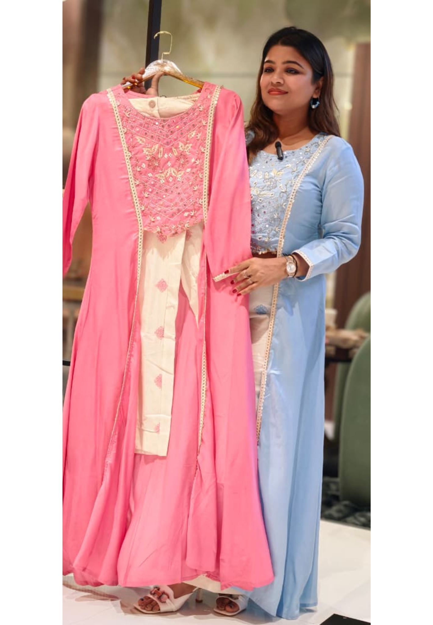 Pastel Elegance Intricate Embroidery Indo Wear Kurta With Bottom In Slub Cotton Fabric- 13496
