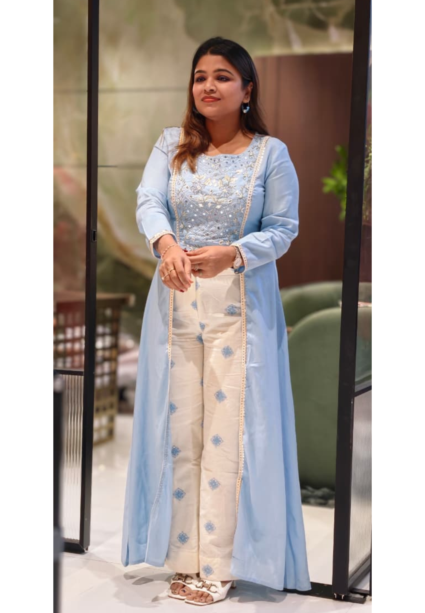 Pastel Elegance Intricate Embroidery Indo Wear Kurta With Bottom In Slub Cotton Fabric- 13496