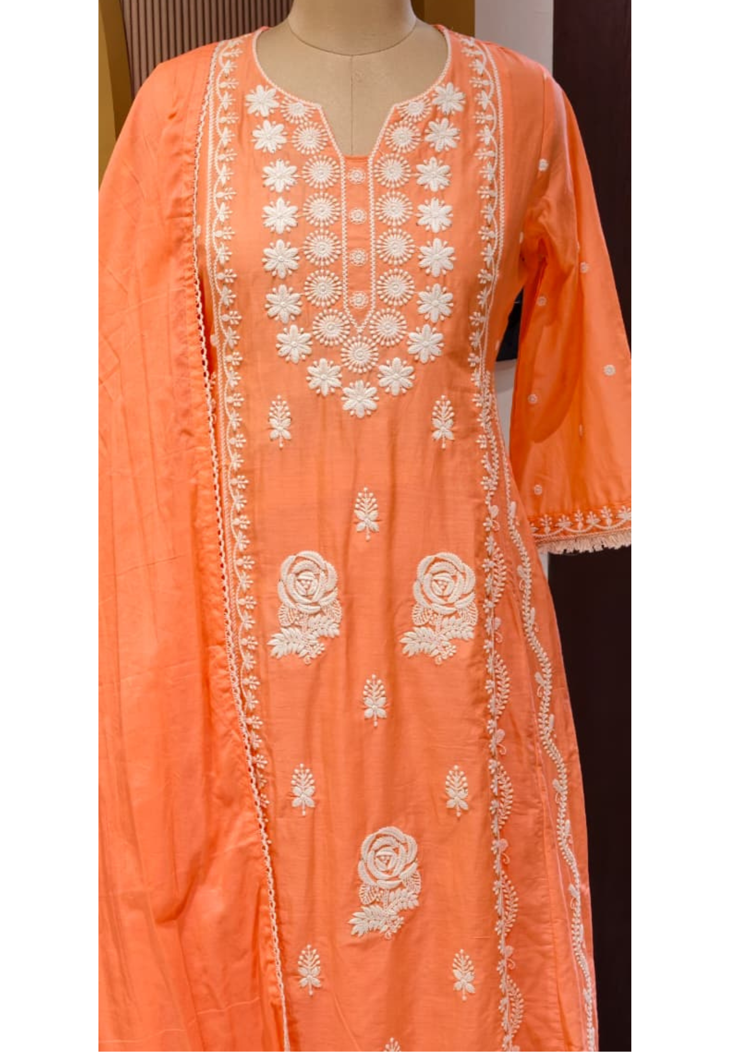 Pure Thread Embroidery Chikankari Anarkali Full Suit Set With Dupatta In Cotton Fabric-13506