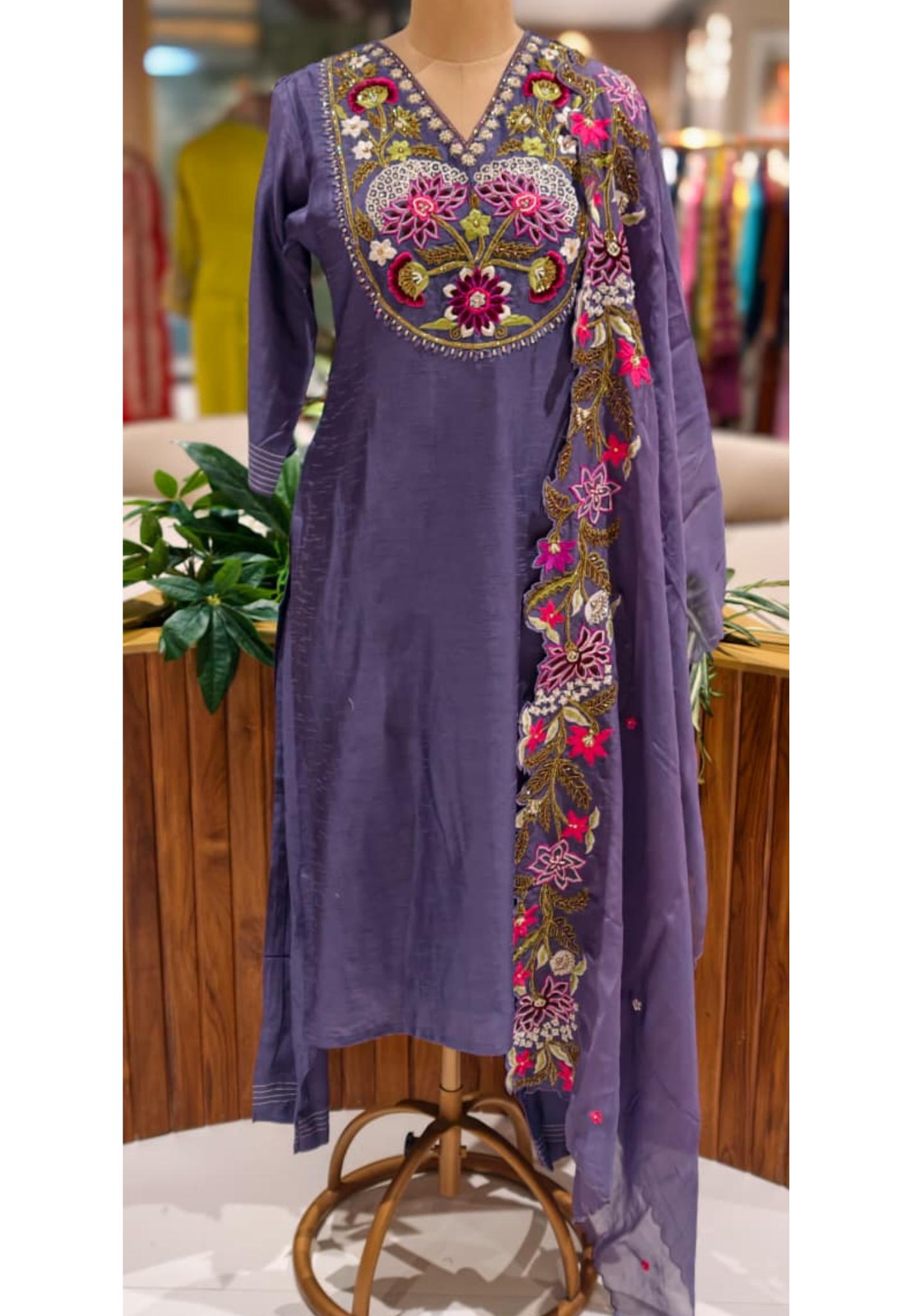 Floral Blossom Accents Embroidery Scalloped Lace Hemline A-Line Full Suit With Dupatta In Dola Silk Fabric- 13448