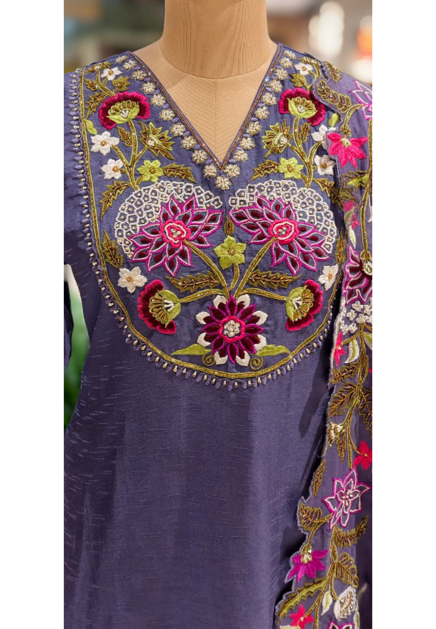 Floral Blossom Accents Embroidery Scalloped Lace Hemline A-Line Full Suit With Dupatta In Dola Silk Fabric- 13448