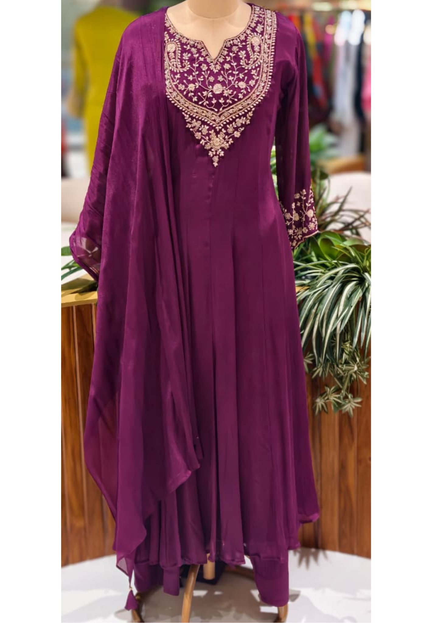 Royal Zardosi Yoke Solid Chinon Panel Anarkali Full Suit Set With Dupatta- 13424