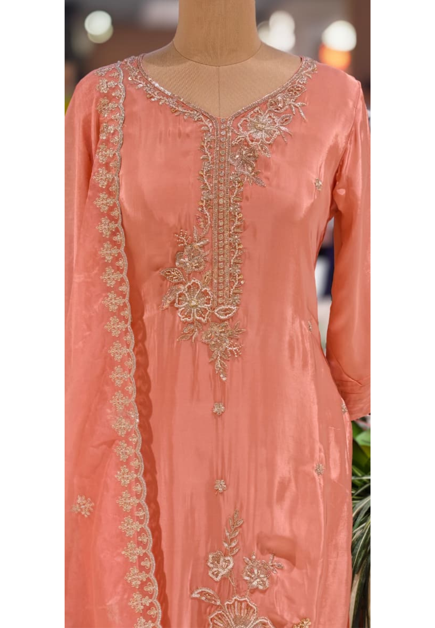 Elegant Pearl Embroidery Pastel Full Suit Set With Dupatta In Crepe Fabric-13498
