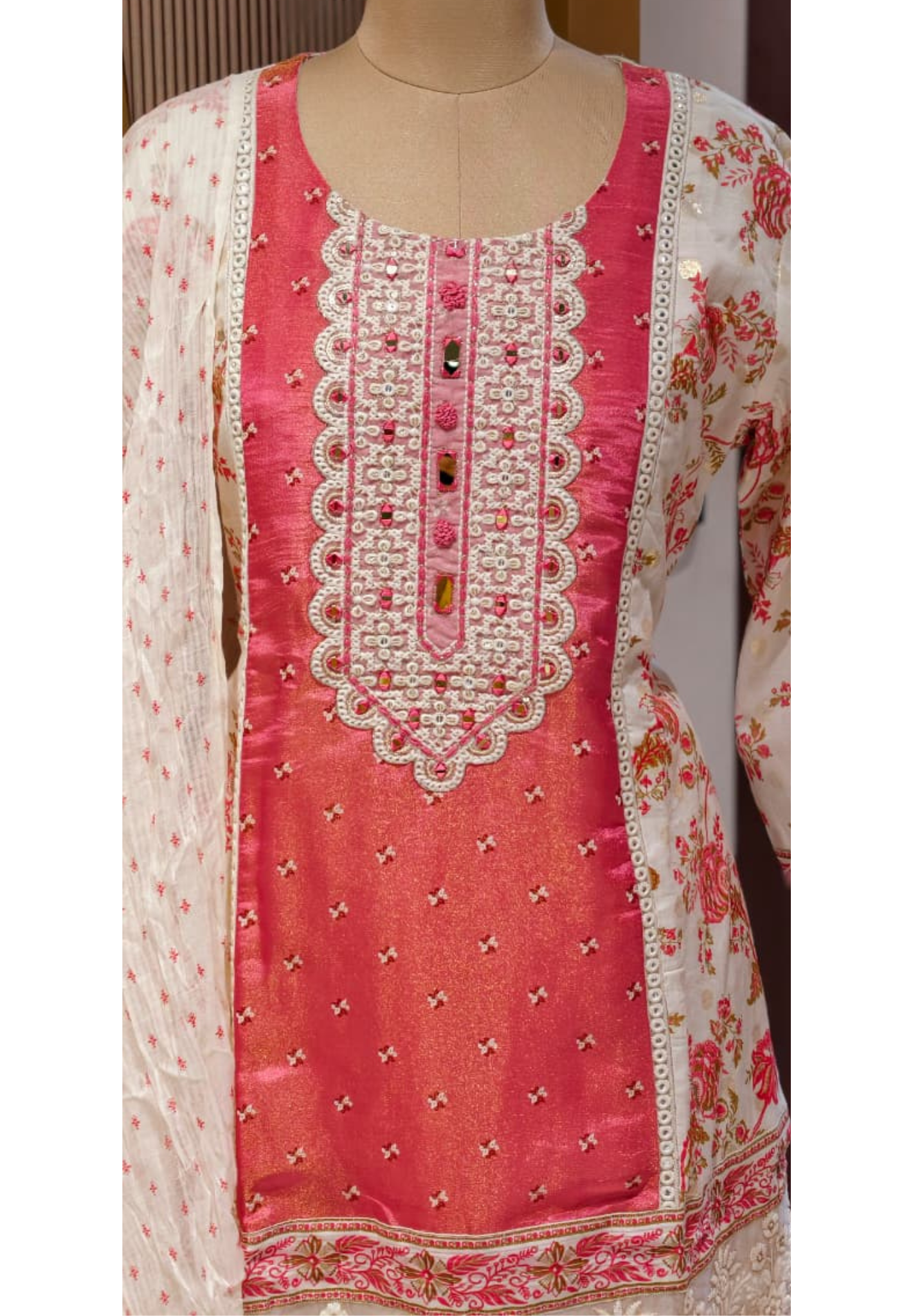 Fuchsia Rose Petal Lace-Trimmed Kurta & Palazzo Set With Floral Dupatta-13507