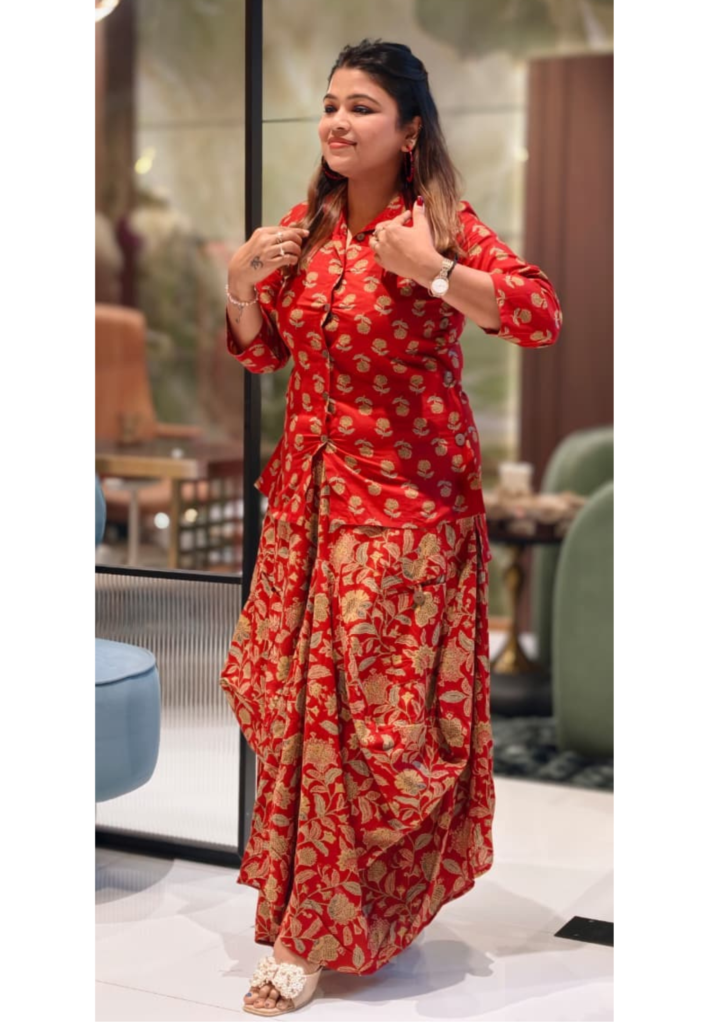 Pure Cotton Collared Printed Short Length Kurta With Cowl Style Skirt- 13494