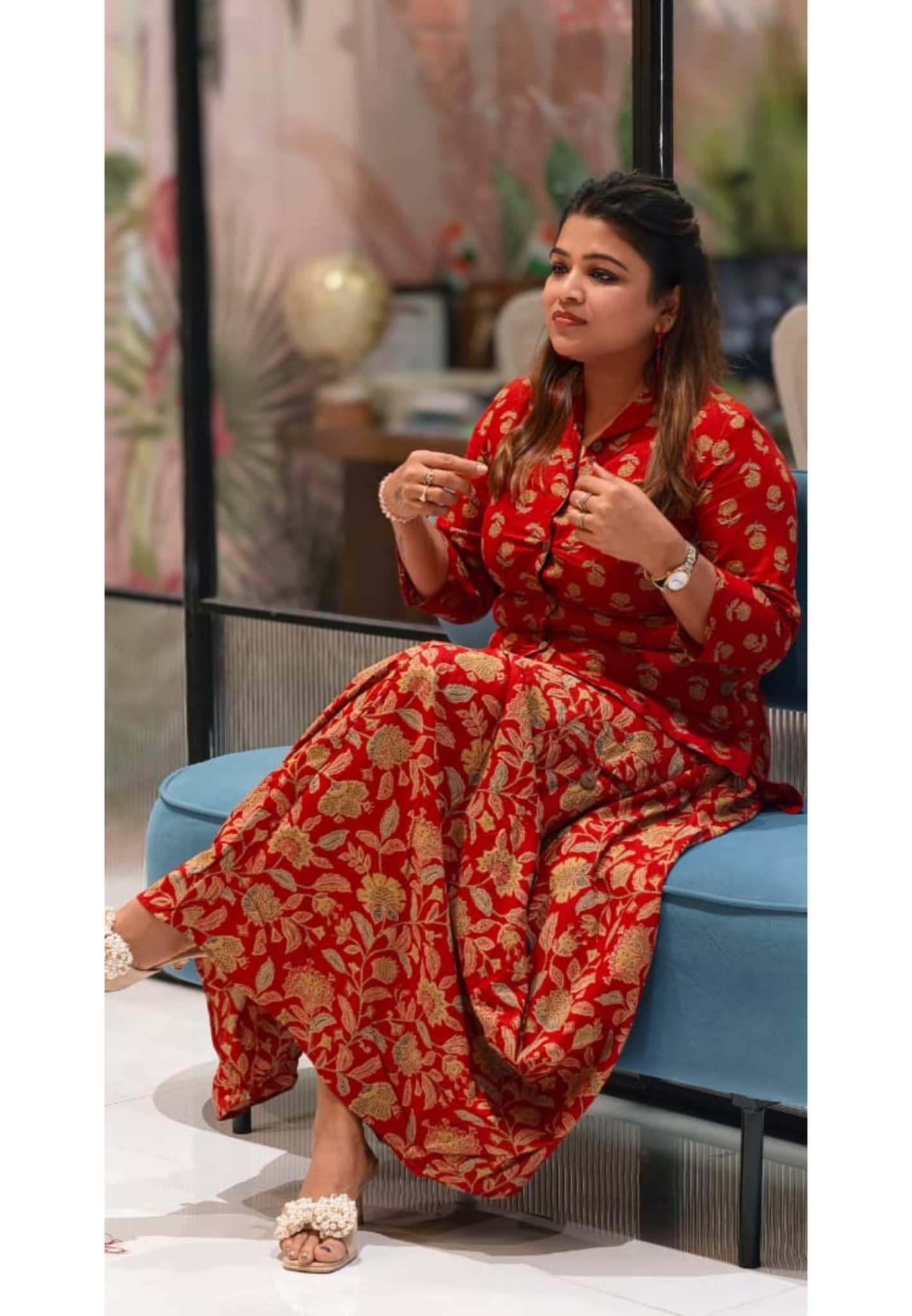 Pure Cotton Collared Printed Short Length Kurta With Cowl Style Skirt- 13494