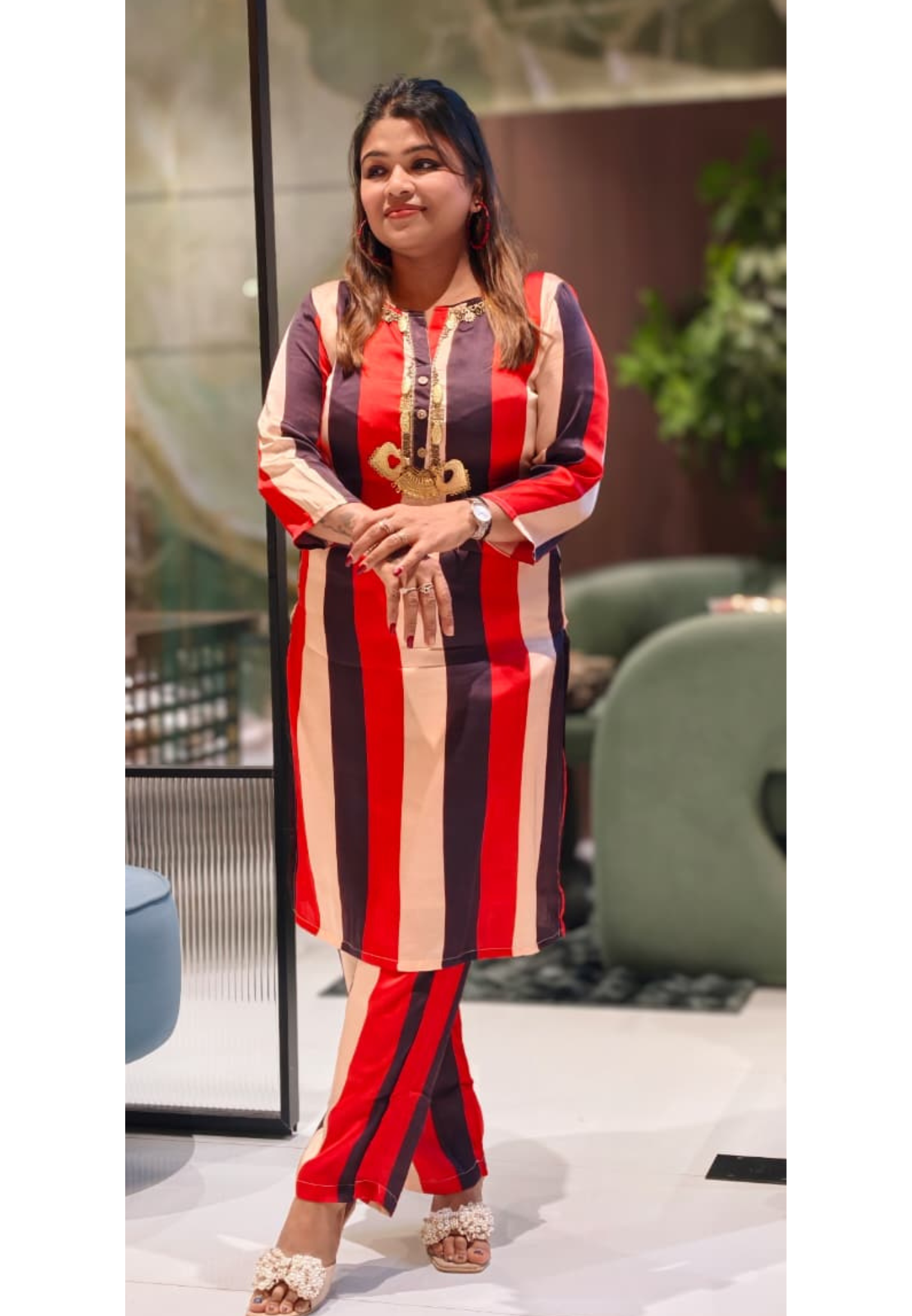Striking Striped Bold Contemporary Neck Piece Look Kurta With Matching Bottom Set In Modal Satin Fabric- 13483