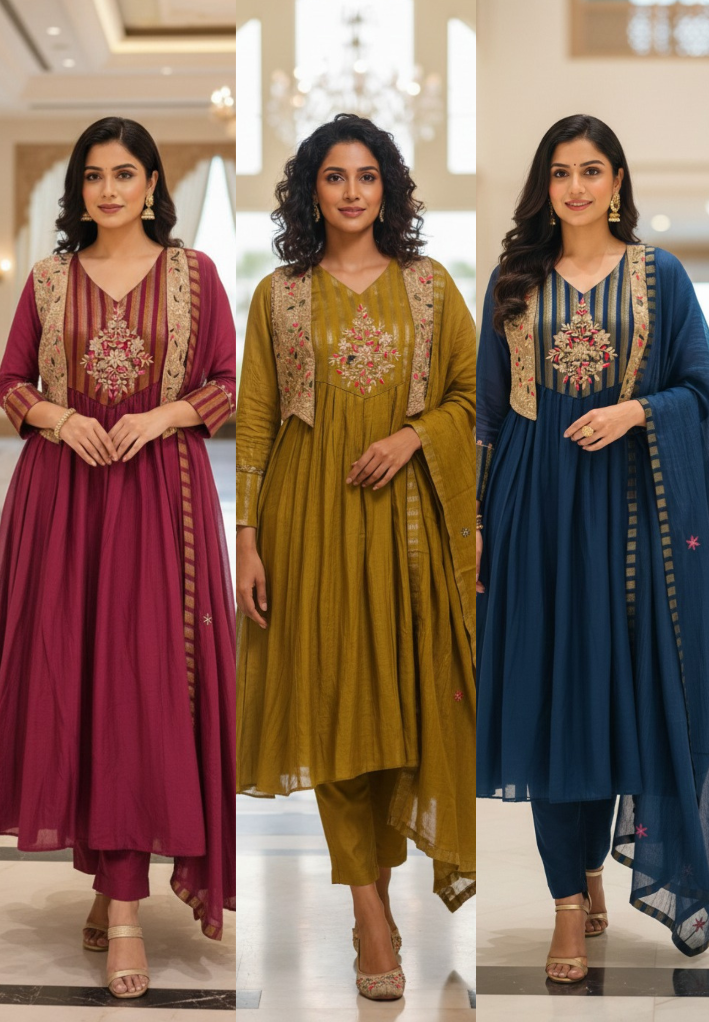 Royal Blush Banarasi Mul Chanderi Floral Ensemble A-Line Full Suit Set With Dupatta- 13449