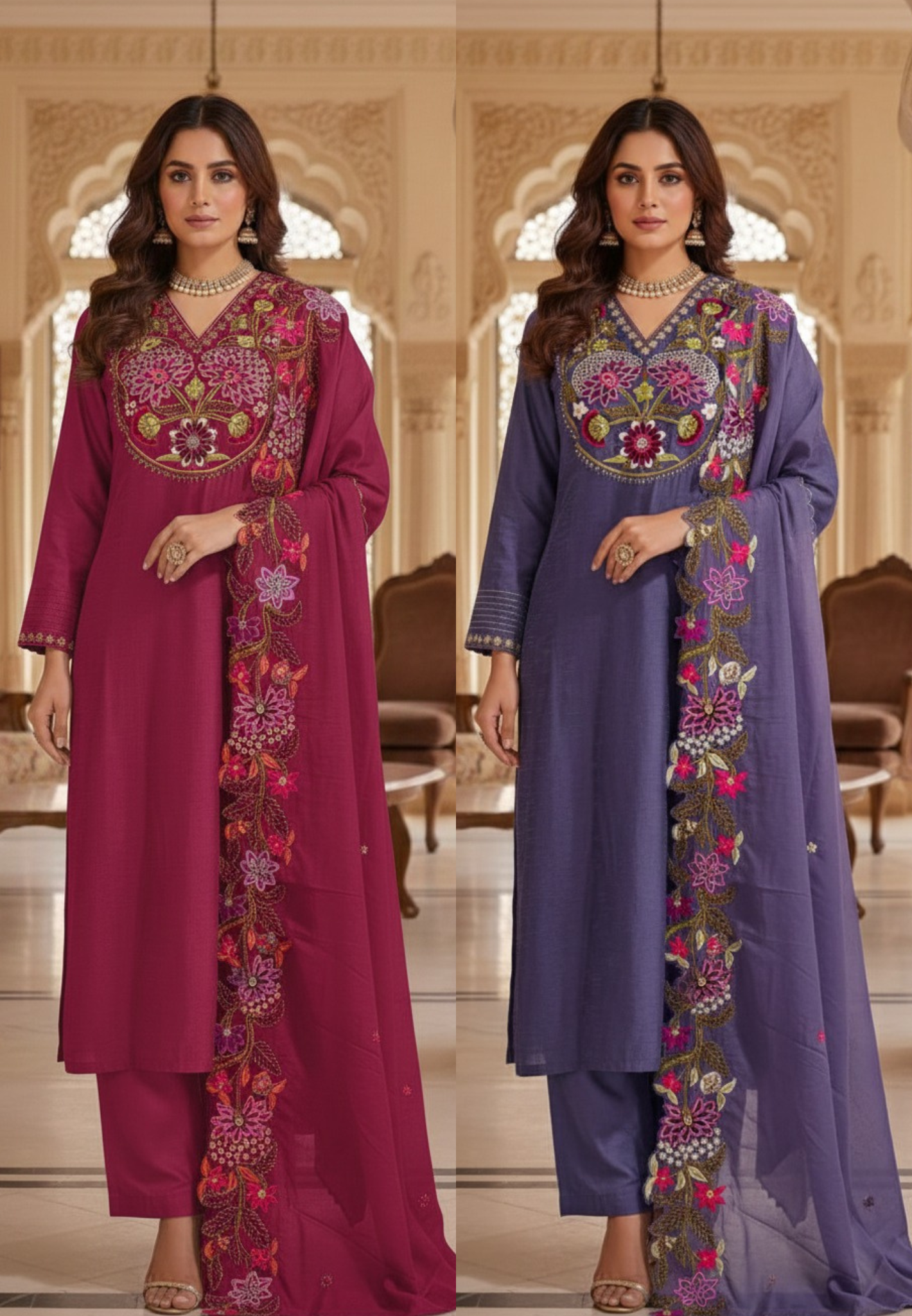 Floral Blossom Accents Embroidery Scalloped Lace Hemline A-Line Full Suit With Dupatta In Dola Silk Fabric- 13448