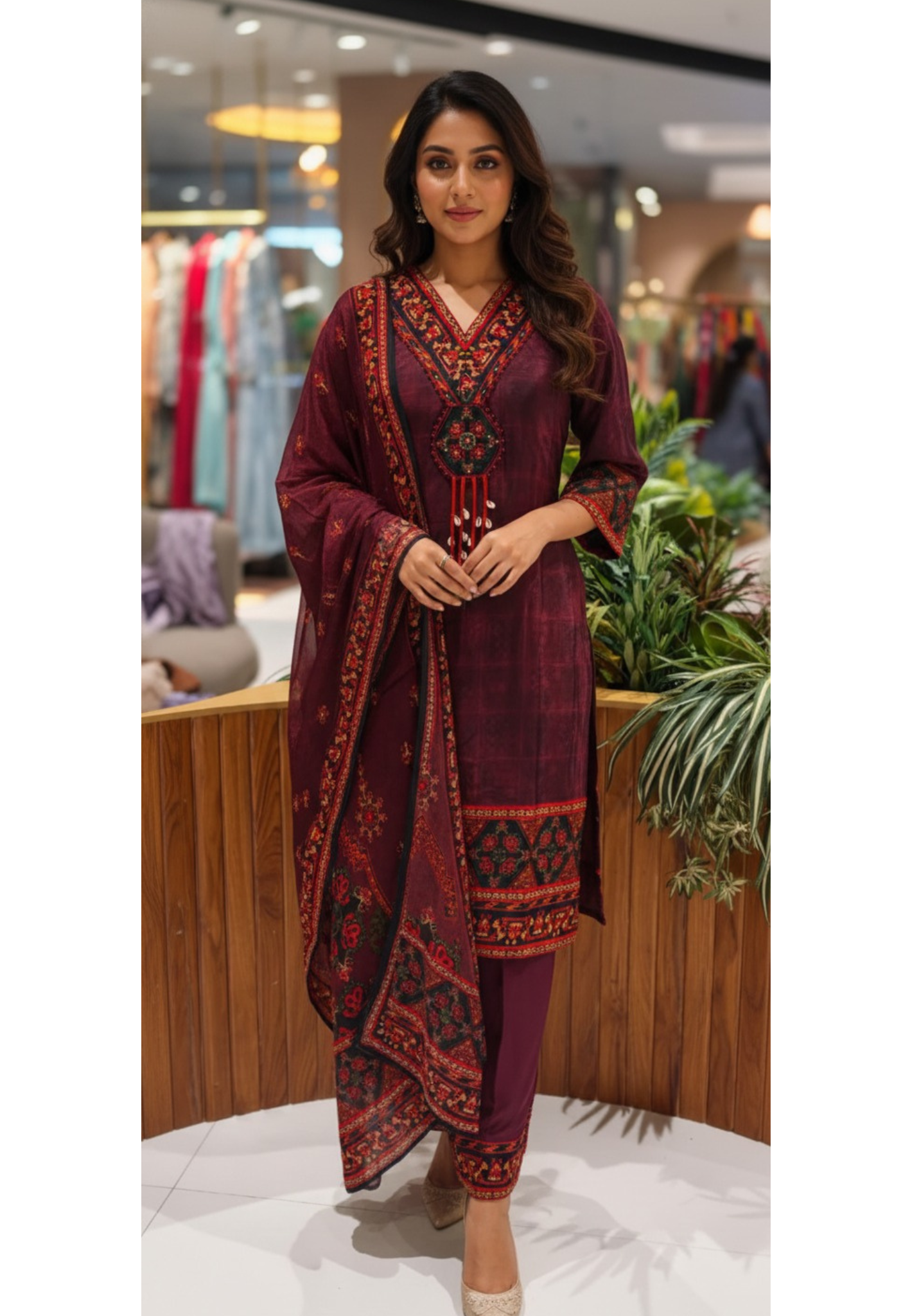 Ethnic Bold Contrast Boho Chic Crepe Full Suit Set With Dupatta- 13474