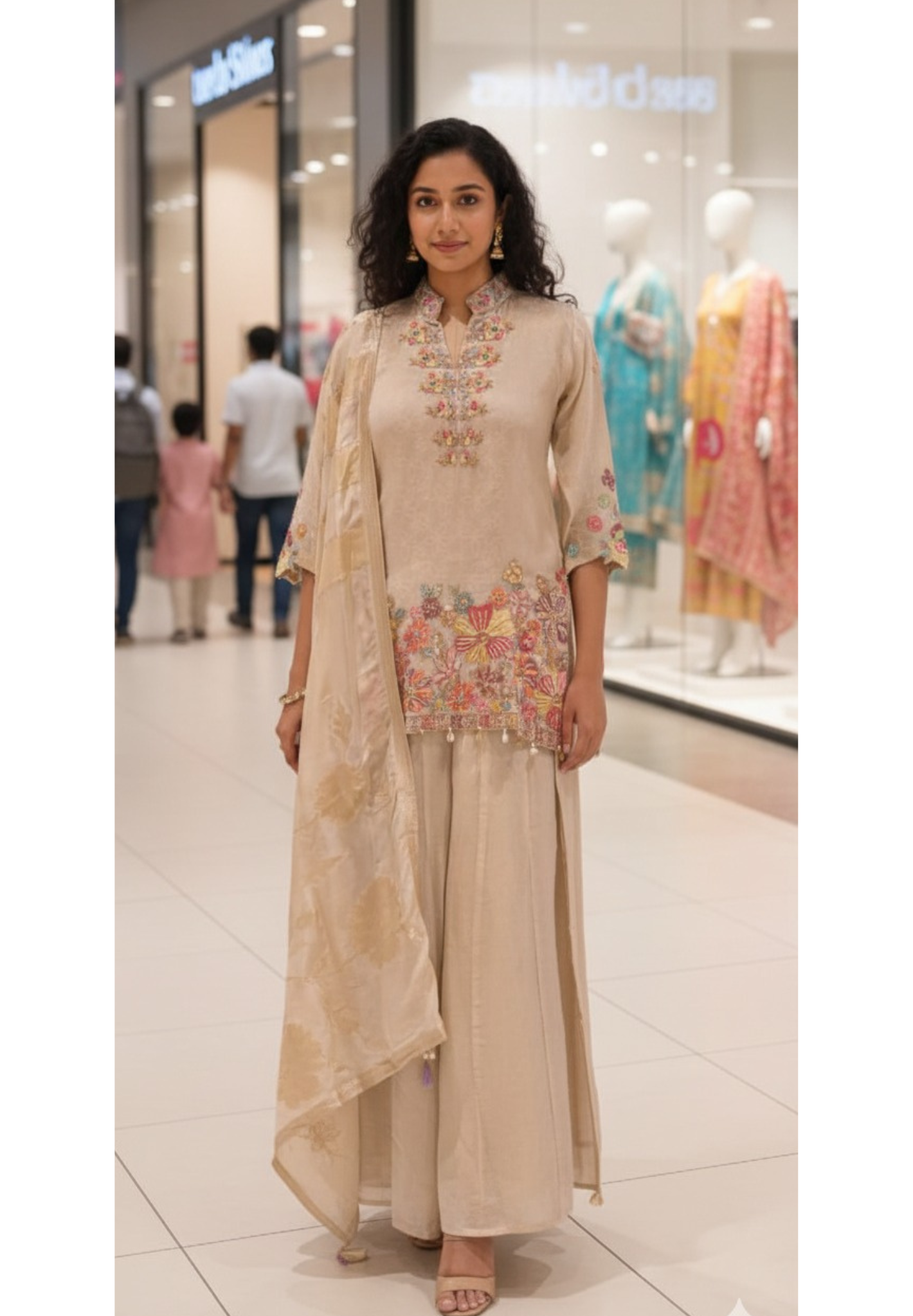Ivory Meadow Floral Fusion Short Length Kurta With Panel Palazzo Bottom & Dupatta In Tissue Fabric- 13503