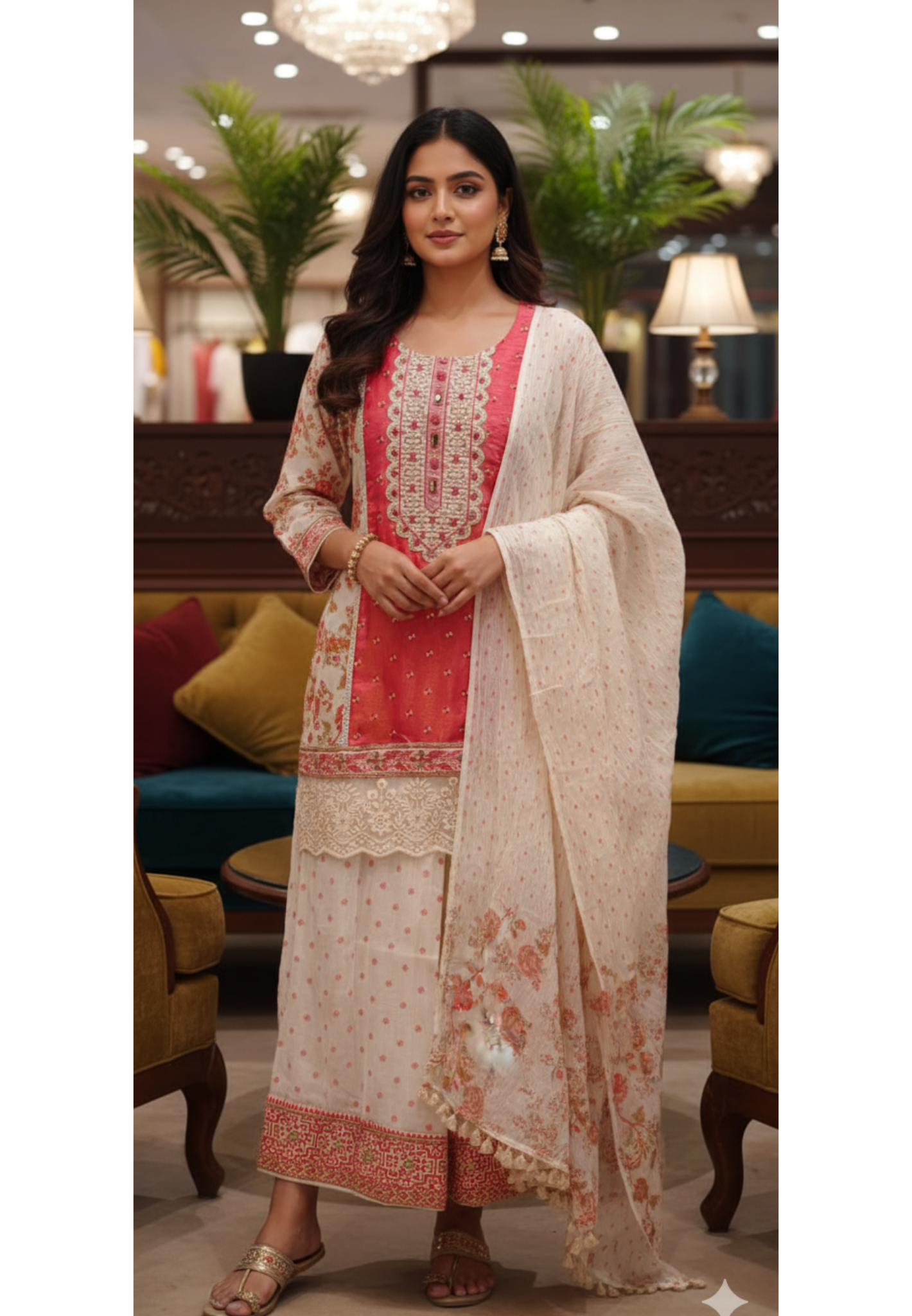 Fuchsia Rose Petal Lace-Trimmed Kurta & Palazzo Set With Floral Dupatta-13507