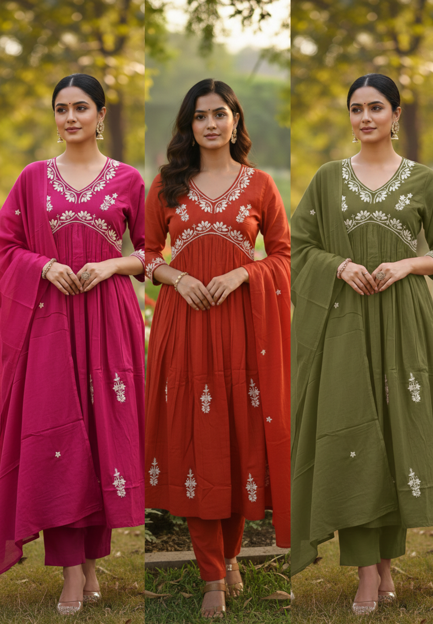 Alia Cut Rich Thread Embroidery Solid A-Line Full Suit Set With Dupatta In Cotton Fabric