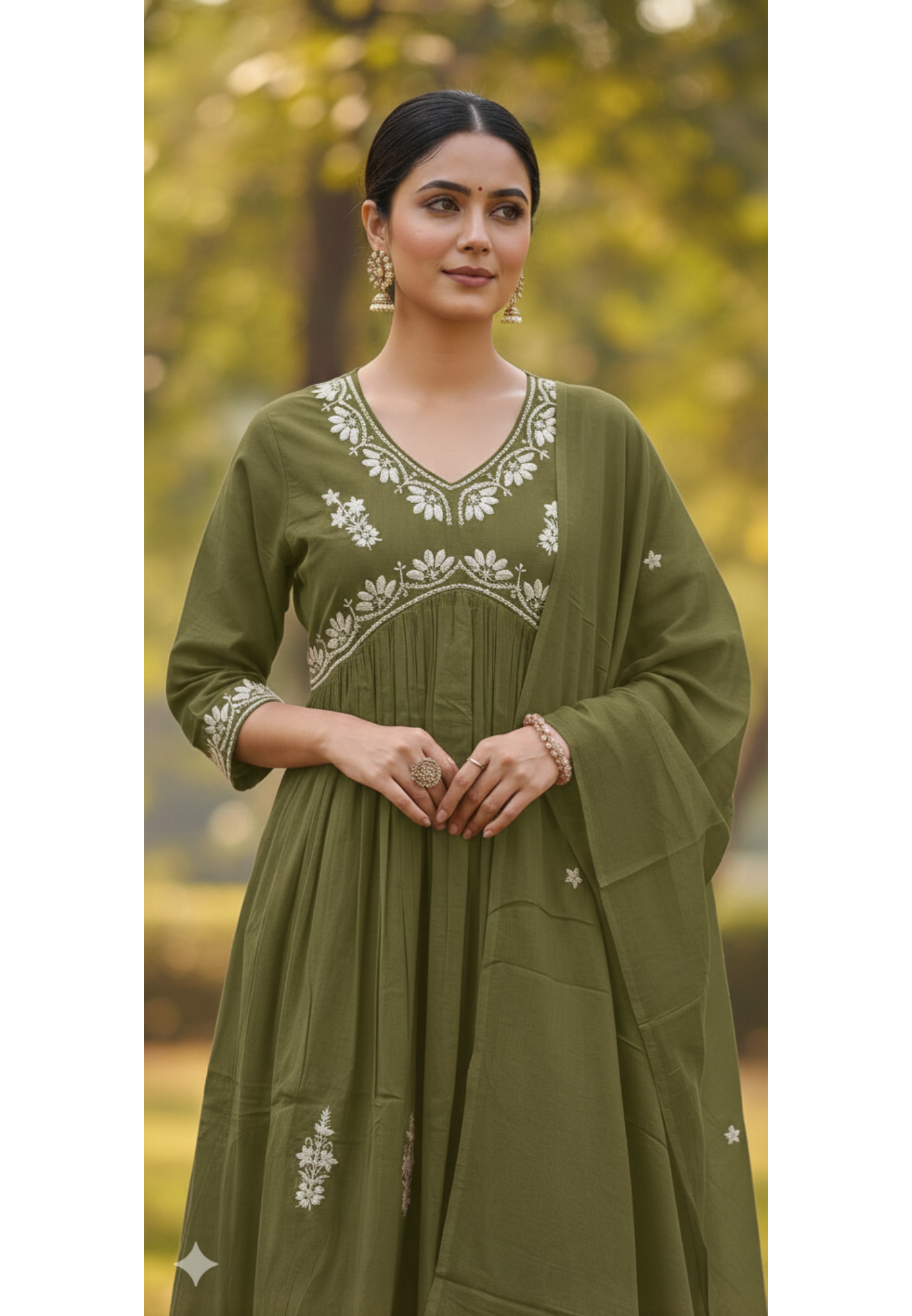 Alia Cut Rich Thread Embroidery Solid A-Line Full Suit Set With Dupatta In Cotton Fabric