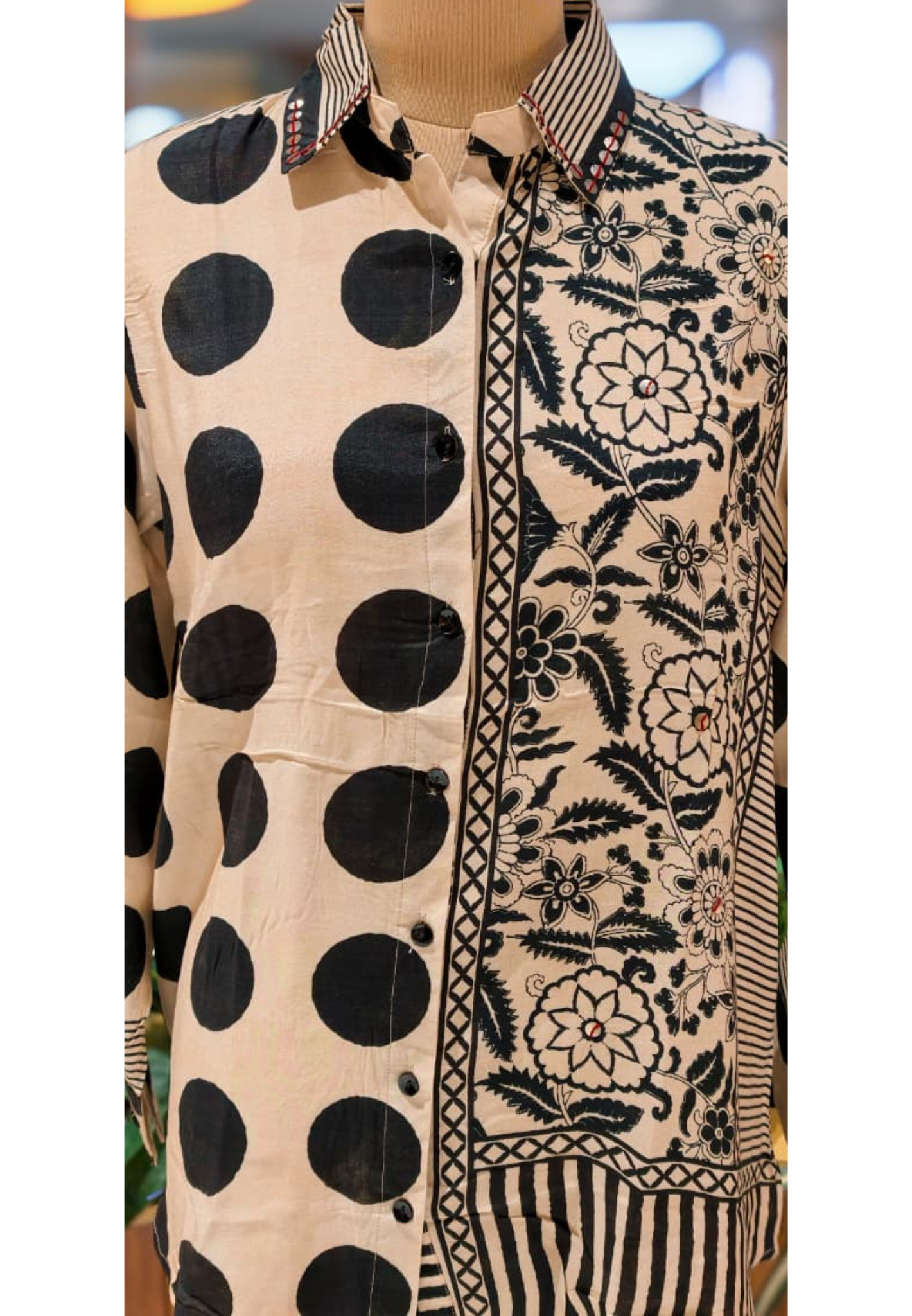 Two Sided Polka With Floral Print Crepe Casual Wear Shirt- 13556