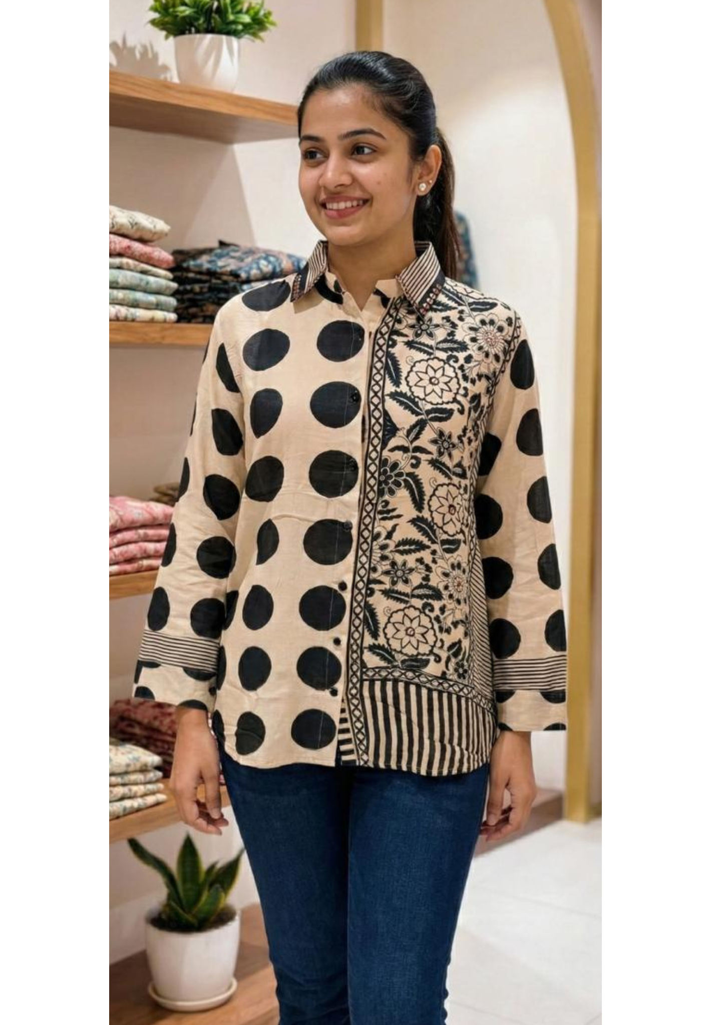 Two Sided Polka With Floral Print Crepe Casual Wear Shirt- 13556