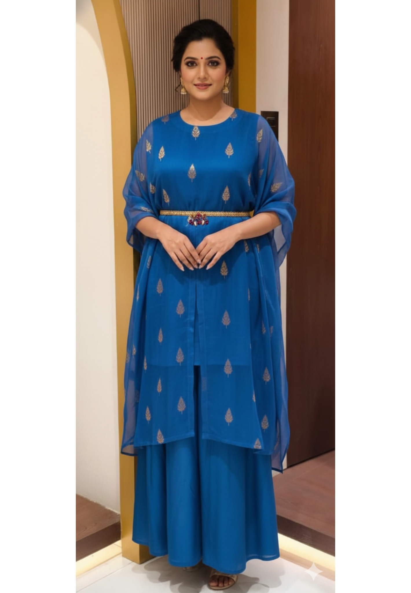 Royal Blue Leafy Brocade Touch Kaftan Look Indo-Western With Bottom & Separate Belt- 13460