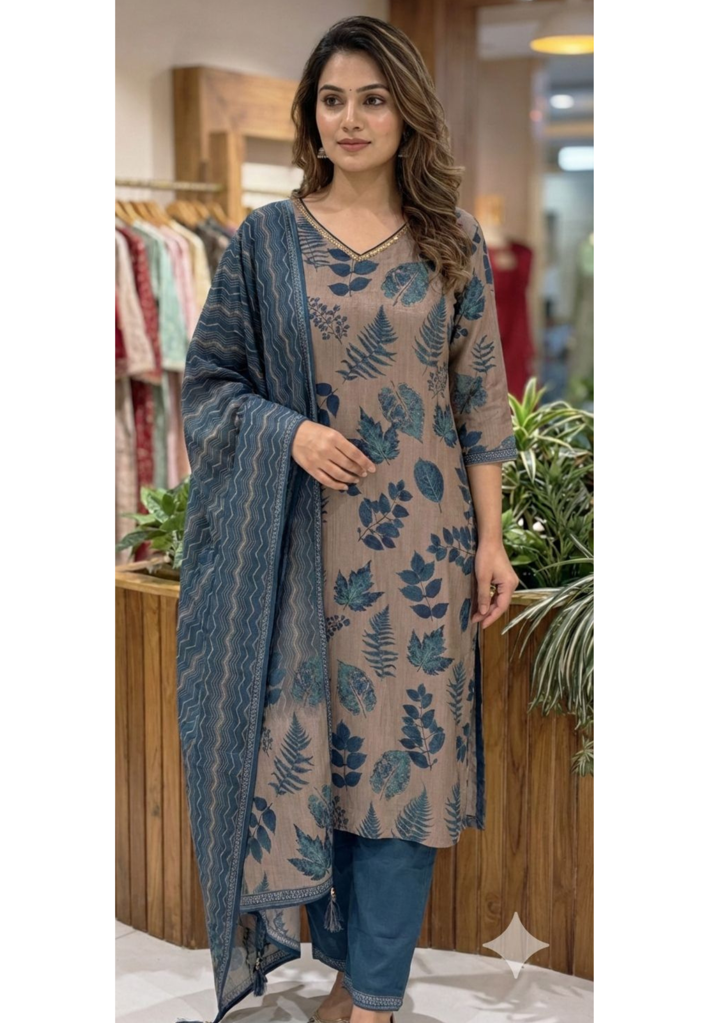 Botanical Blue Leaf Ensemble Printed Full Suit Set With Dupatta In Dola Silk Fabric- 13601