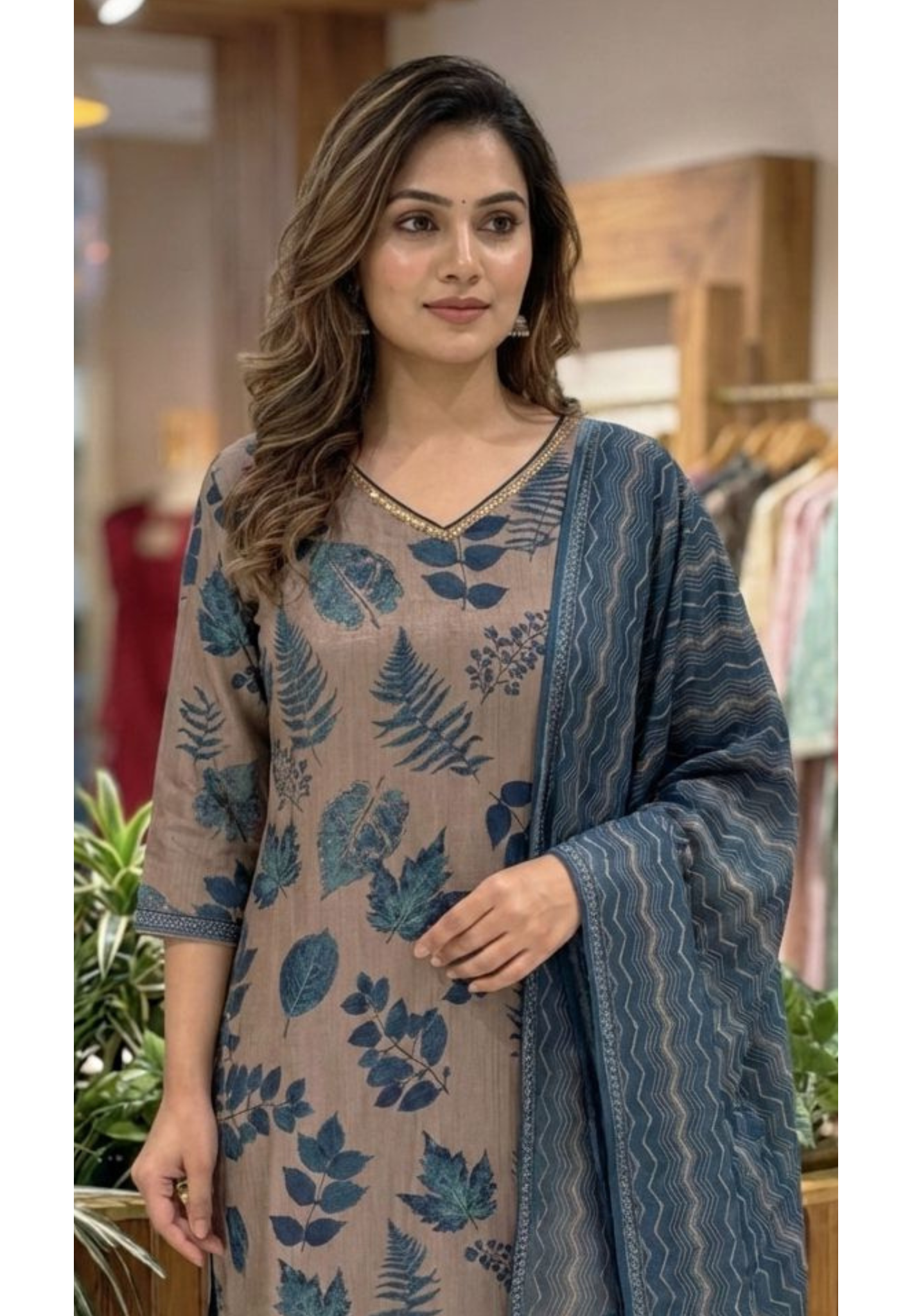 Botanical Blue Leaf Ensemble Printed Full Suit Set With Dupatta In Dola Silk Fabric- 13601