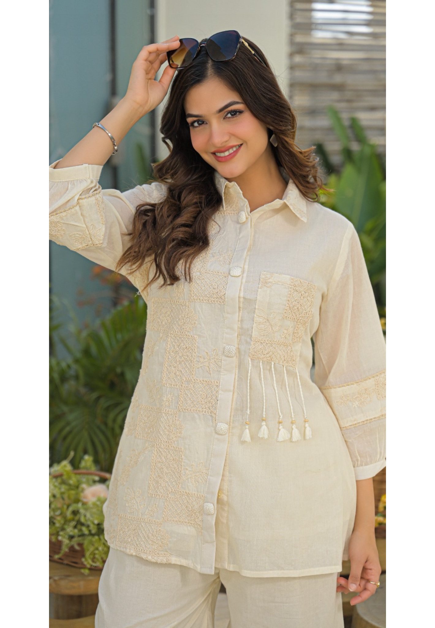 Serene Cream Heirloom Thread Embroidered Co-Ord Set In Kora Cotton Fabric- 13616