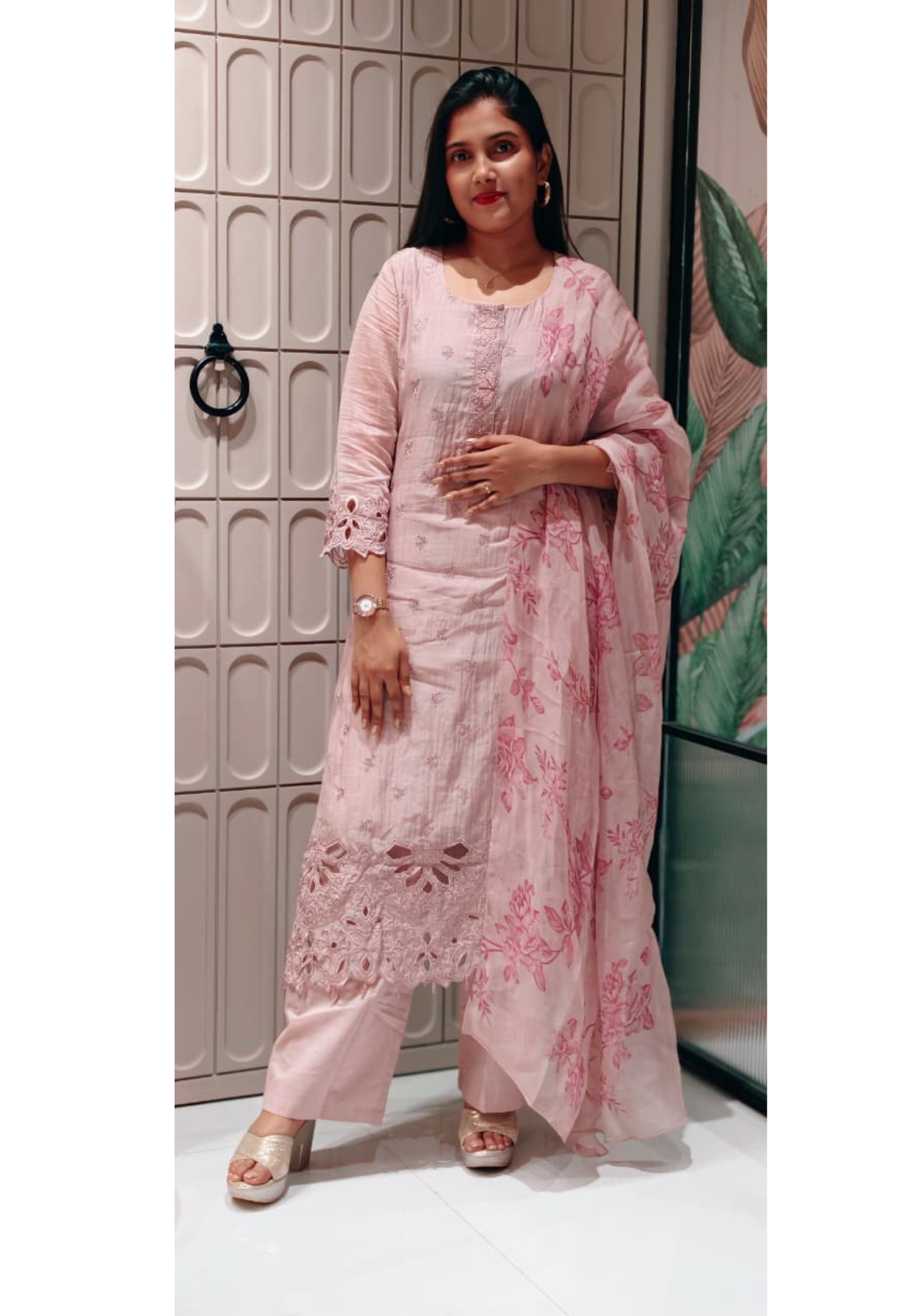 Premium Pure Mul Chanderi Pastel shade Embroidered Kurti with Fine Thread Motifs, Lace Sleeves & Cutwork Border-13652