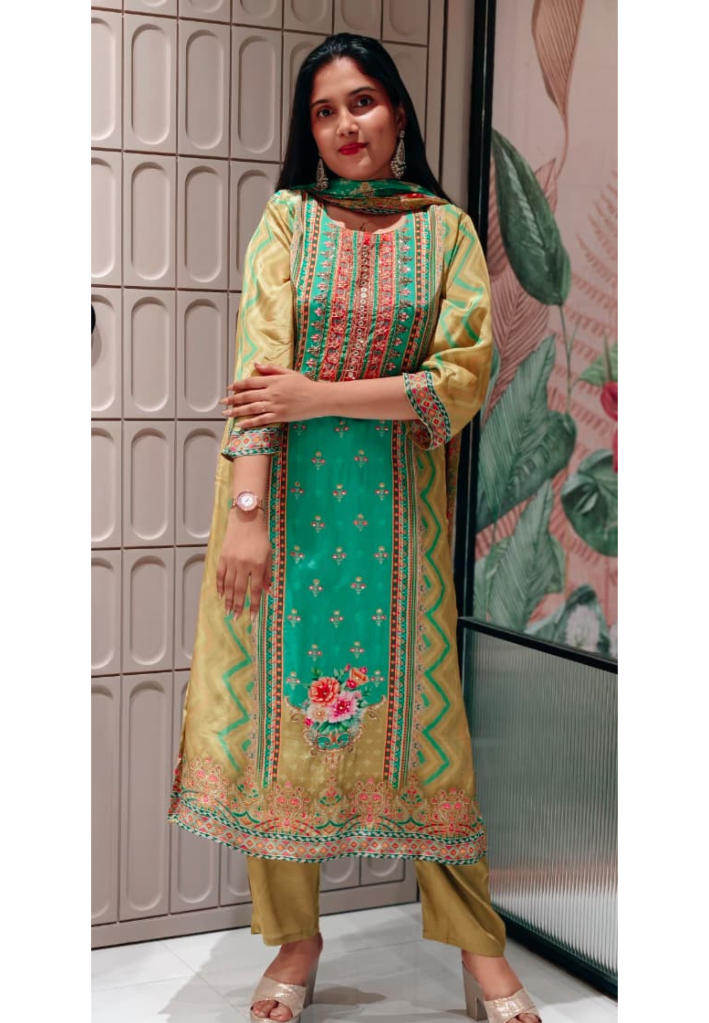 Olive Statement Weavy Print Embroidered Yoke Vibrant Full Suit Set With Dupatta In Crepe Fabric- 13501