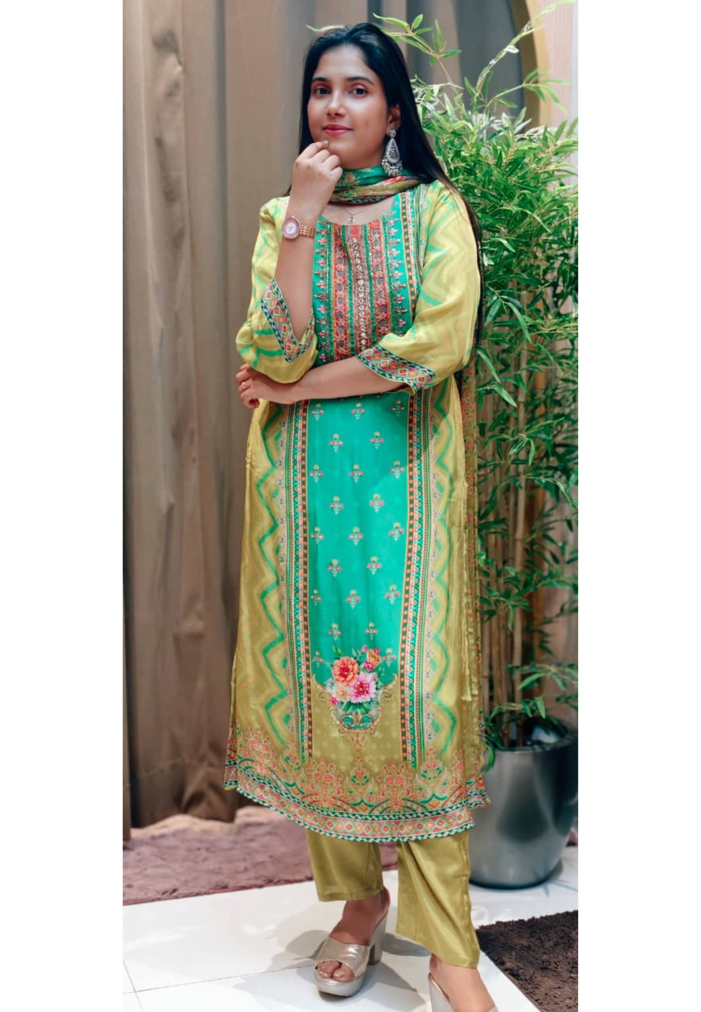 Olive Statement Weavy Print Embroidered Yoke Vibrant Full Suit Set With Dupatta In Crepe Fabric- 13501