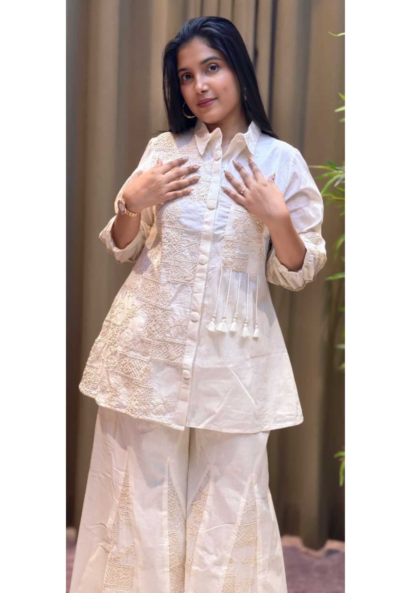 Serene Cream Heirloom Thread Embroidered Co-Ord Set In Kora Cotton Fabric- 13616