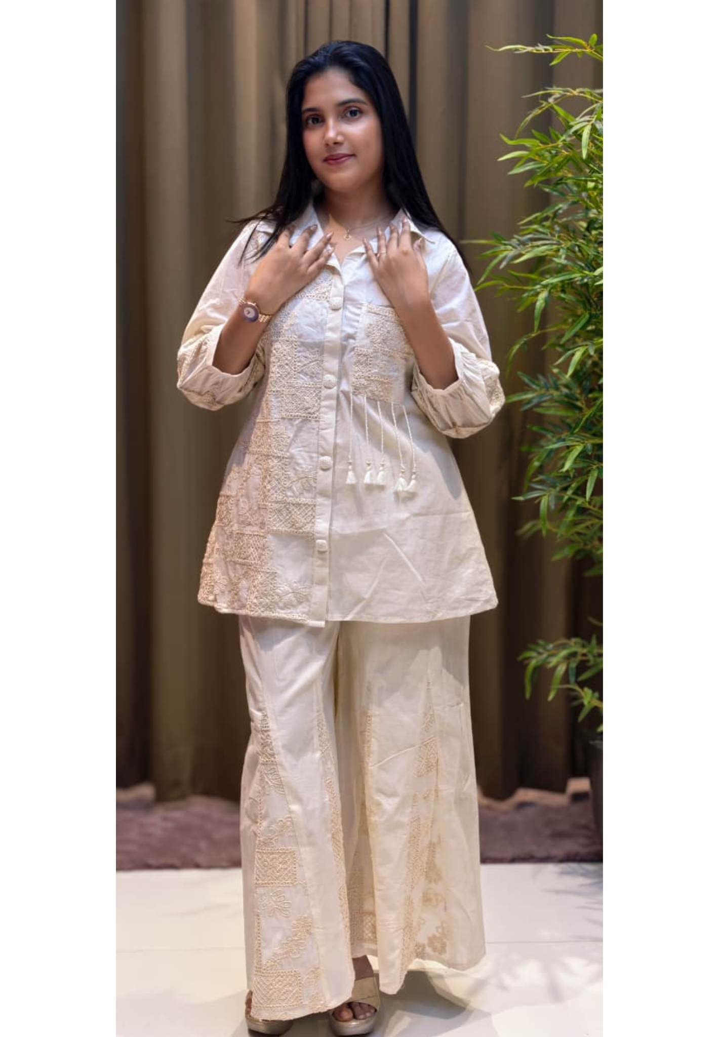 Serene Cream Heirloom Thread Embroidered Co-Ord Set In Kora Cotton Fabric- 13616