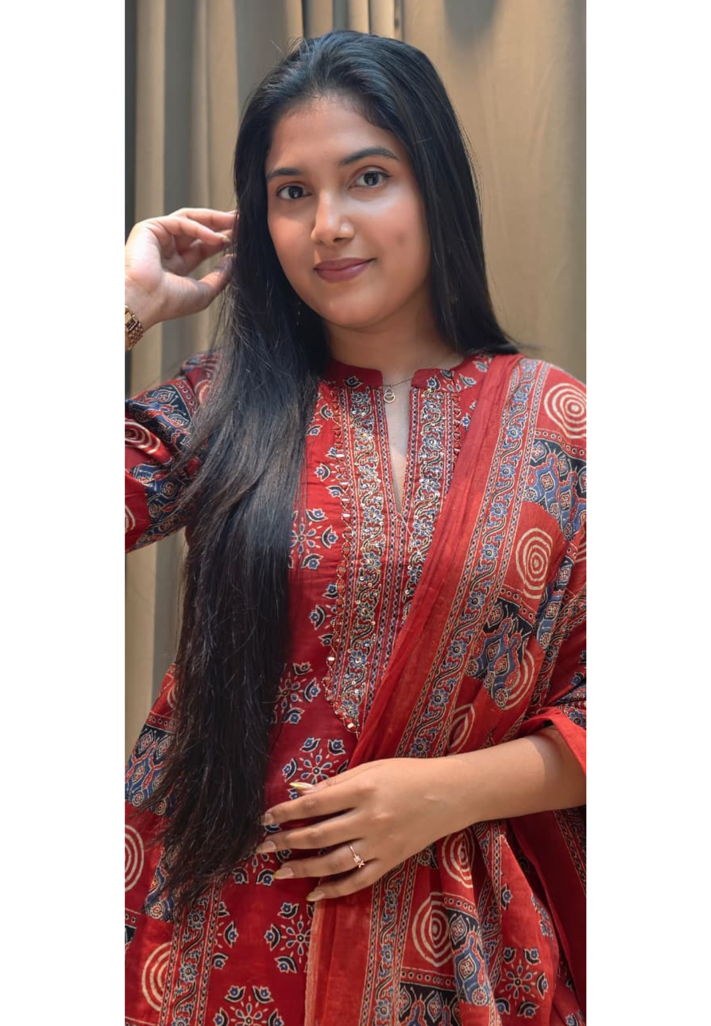 Rajasthani Boho Print Minimal Neck Line Anarkali Full Suit Set With Dupatta In Cotton Fabric- 13590