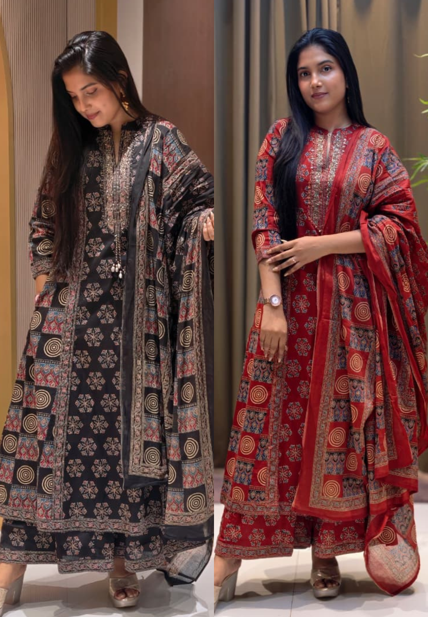 Rajasthani Boho Print Minimal Neck Line Anarkali Full Suit Set With Dupatta In Cotton Fabric- 13590