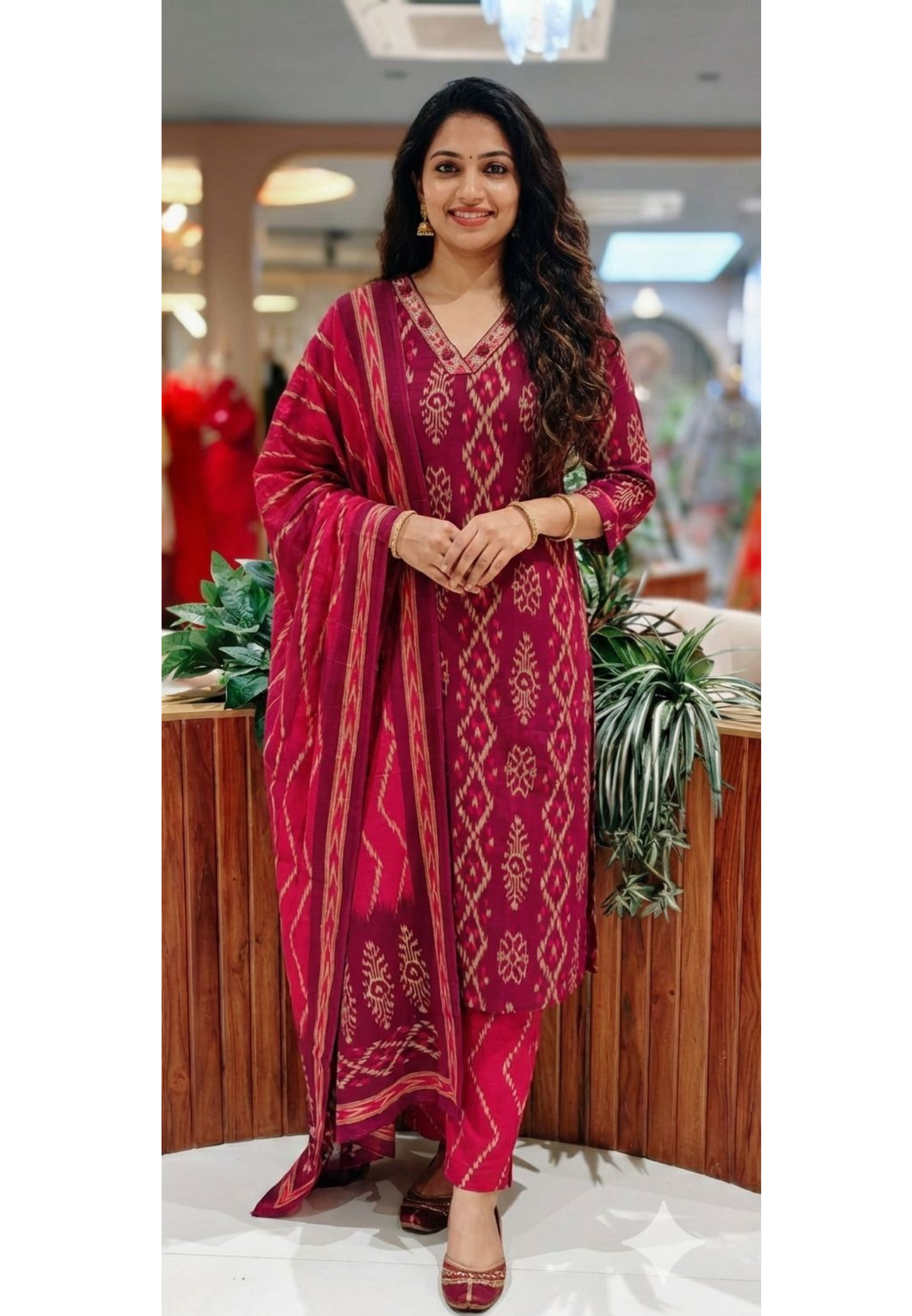 Criss-Cross Ikkat Inspired Print Cotton Full Suit Set With Dupatta- 13569