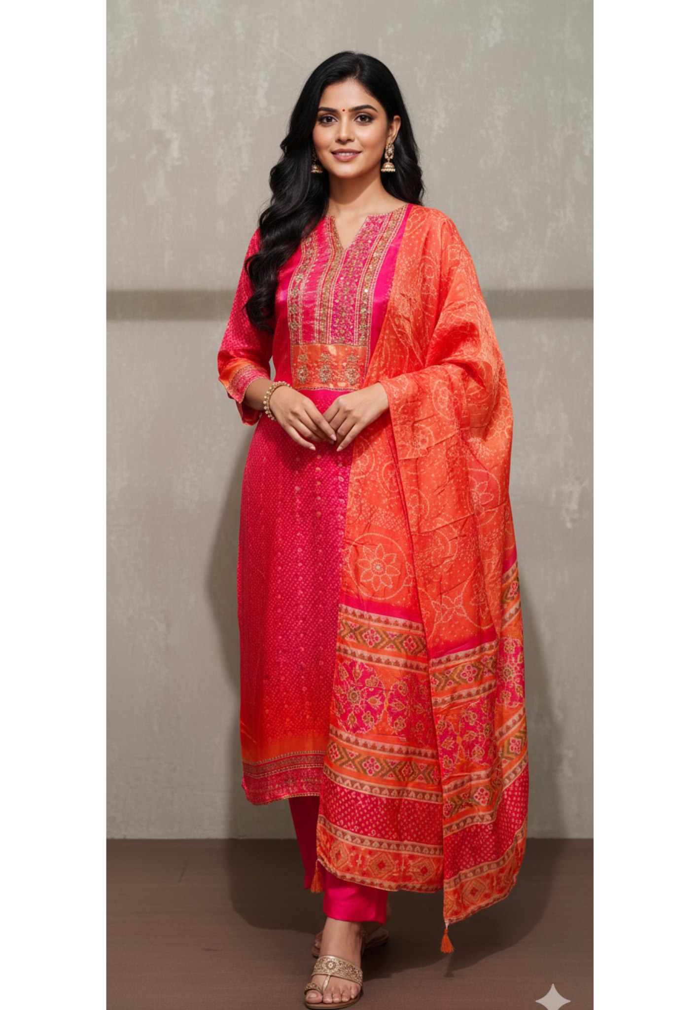 Bandani Print Organza Fabric Embroidered Neck Ombre Look Full suit set DRYWASH