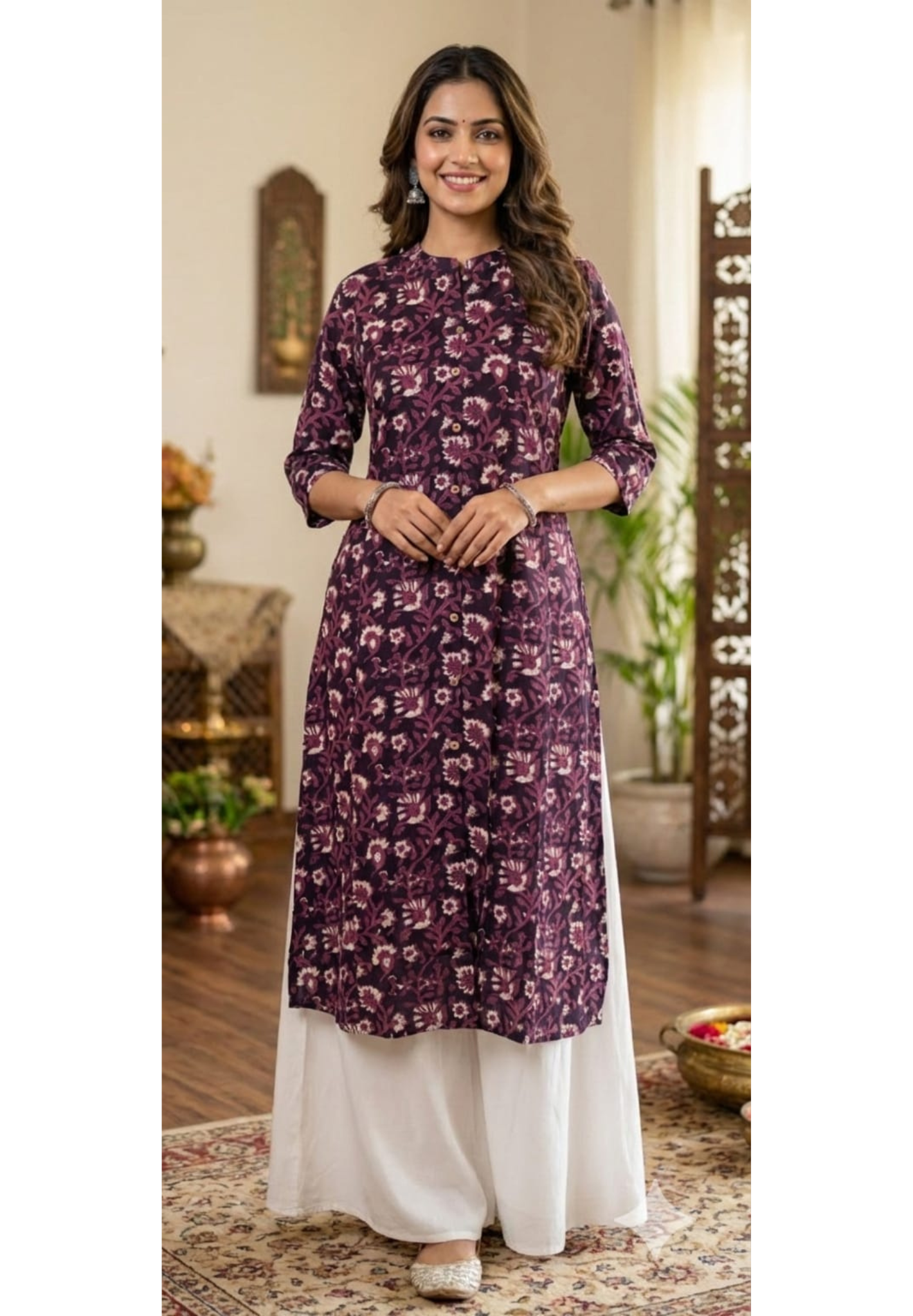 Graceful Wine Floral Blossom Printed Kurti Only In Cotton Fabric-13683(Dispatching After 1 Week)