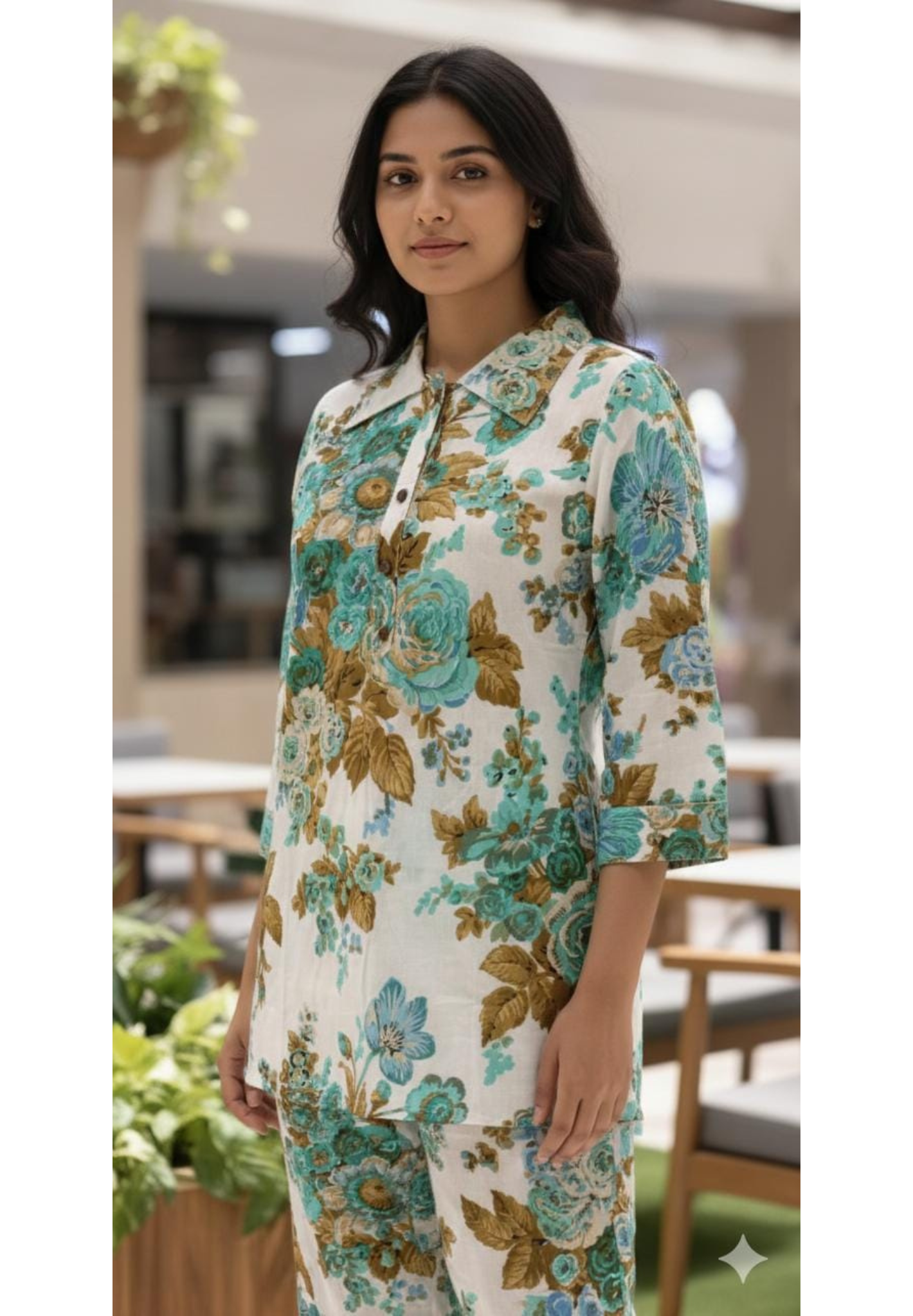 Minty Floral Gardenia Digital Print Co-Ord Set In Cotton Fabric- 13682