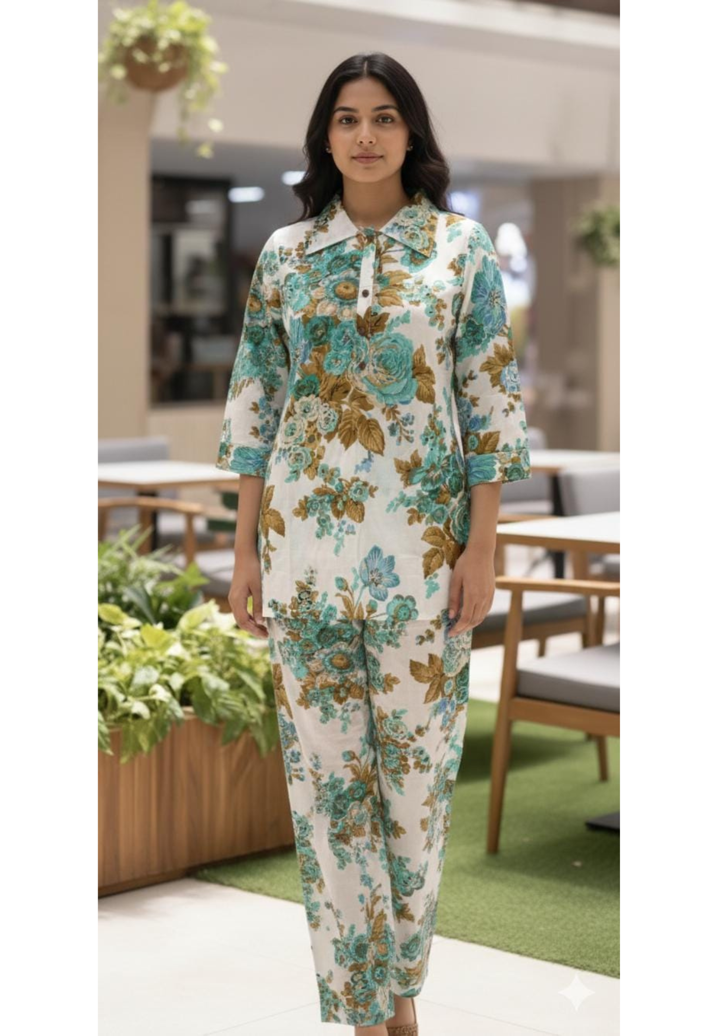 Minty Floral Gardenia Digital Print Co-Ord Set In Cotton Fabric- 13682