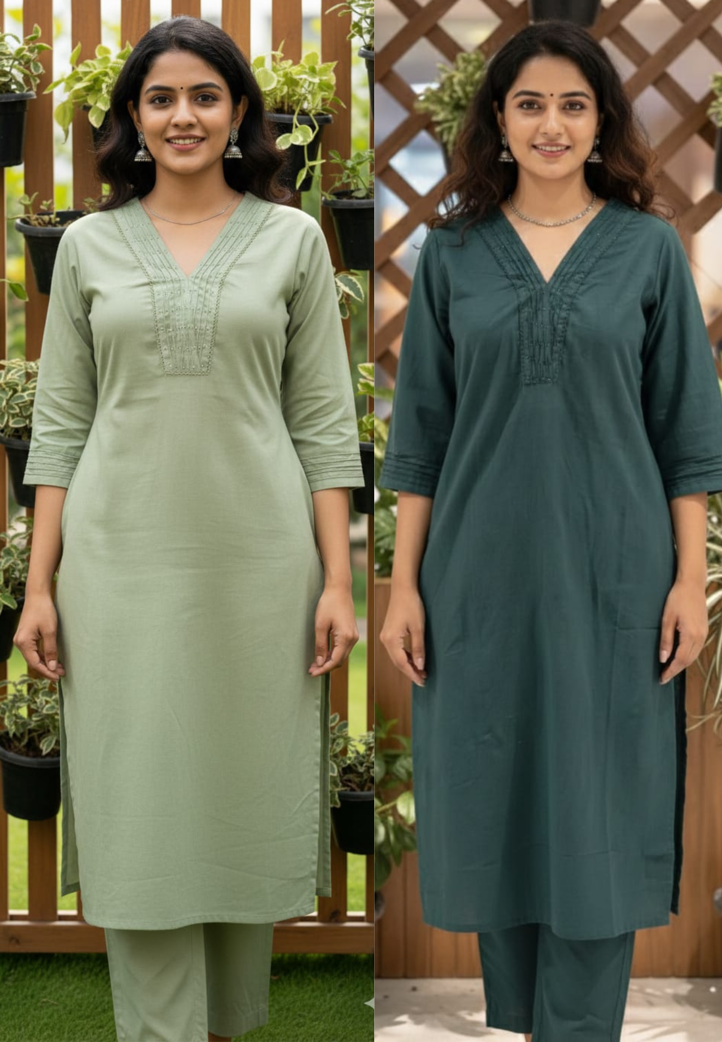 Fine Crosia Pleated With Dotted Neck Line Solid Kurta Pant Set In Cotton Fabric- 13682