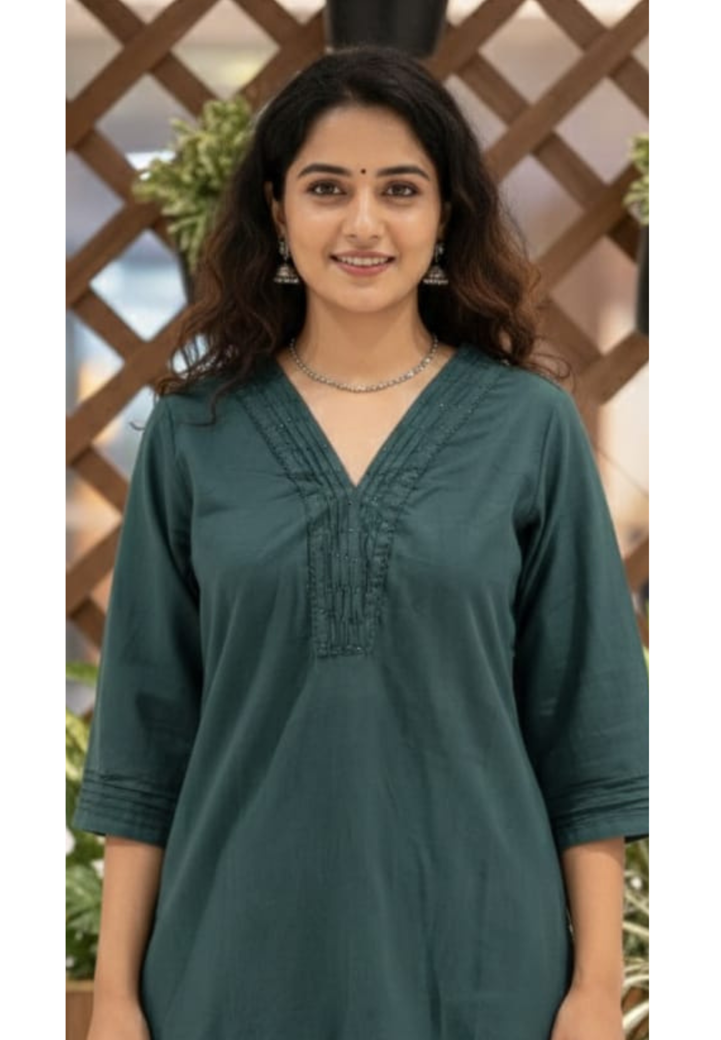 Fine Crosia Pleated With Dotted Neck Line Solid Kurta Pant Set In Cotton Fabric- 13682