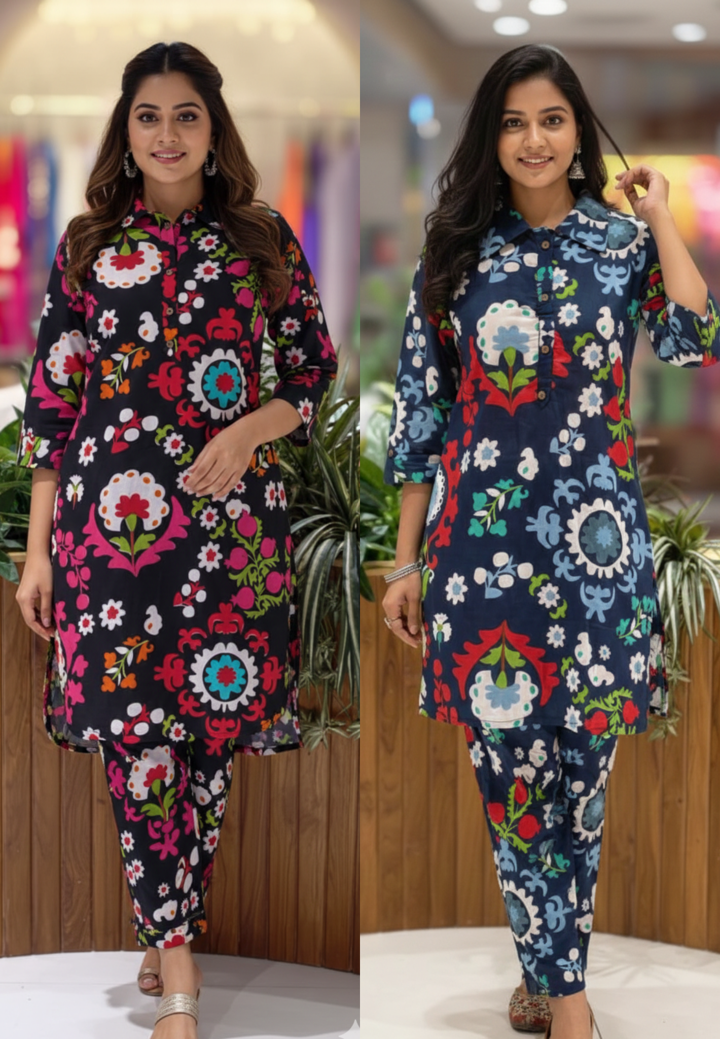 Multi Color Painted Floral Inspired Print Co-Ord Set In Cotton Fabric- 13682