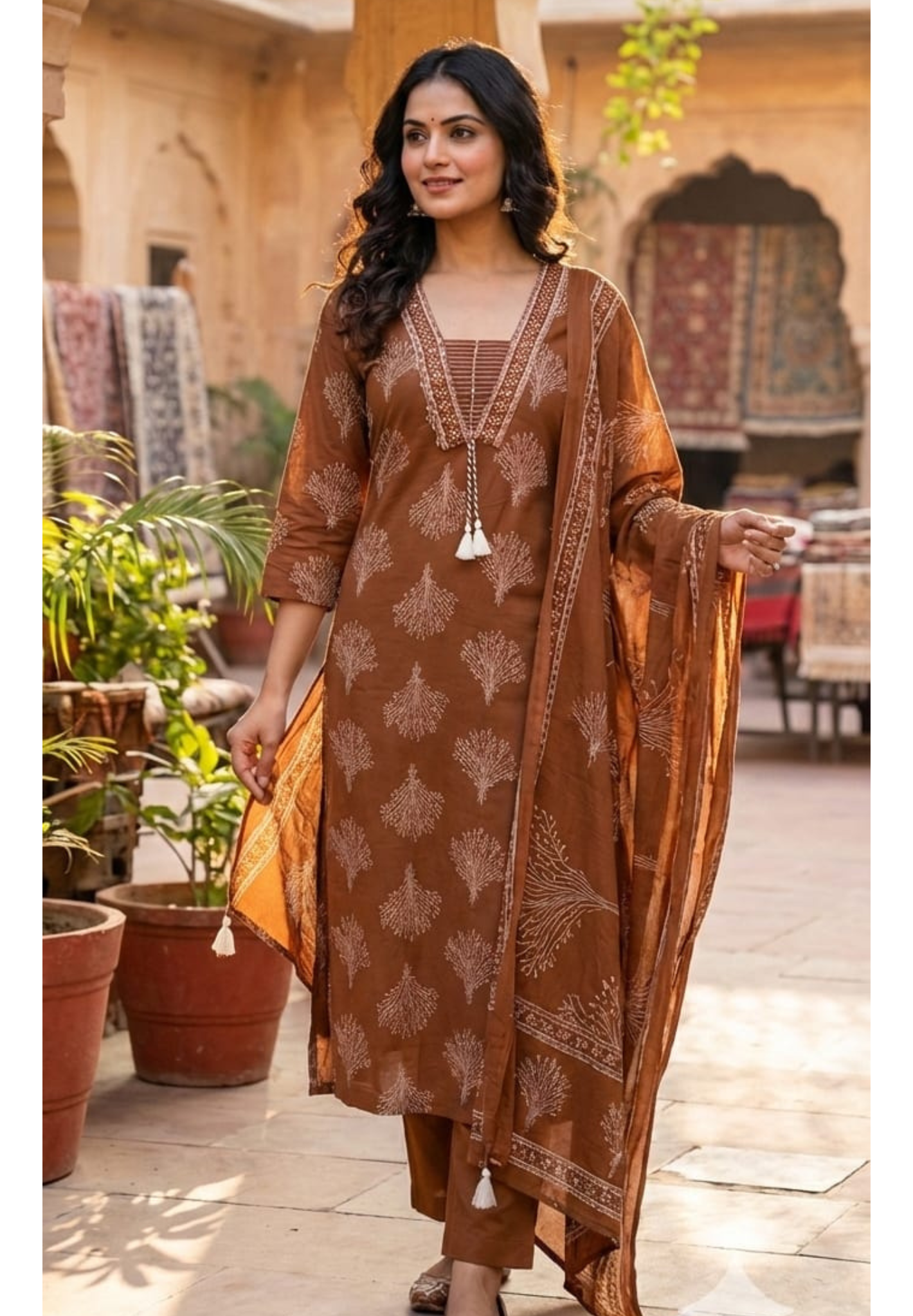 Cotton Elegant Hand block Print Kurta Set with Intricate Border Detailing & Tassel Tie-Up Neck Full Suit Set