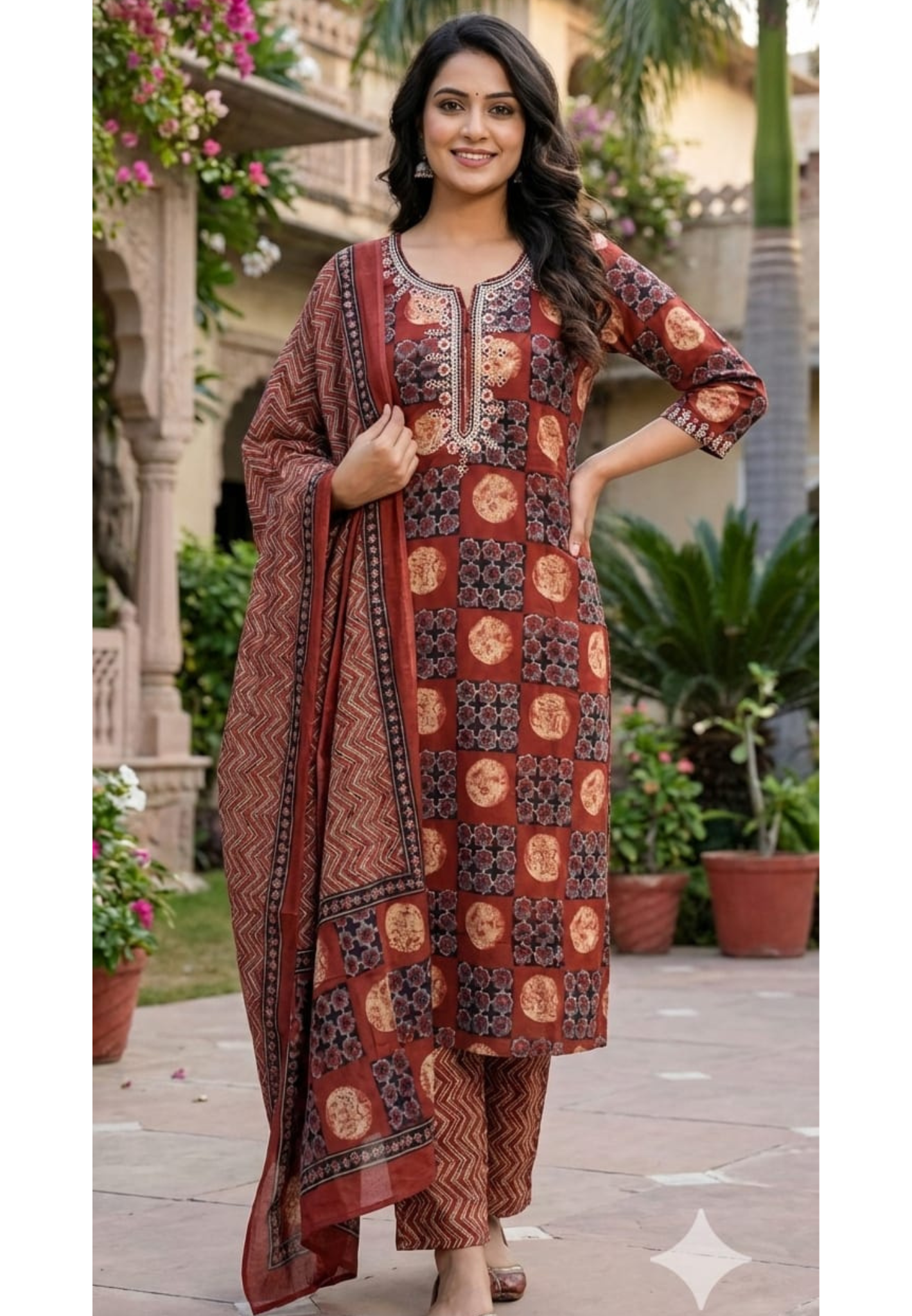 Cotton Casual & Office Wear Rust Maroon Ethnic Block Printed Straight Kurta with Embroidered Neckline Full Suit Set–13680