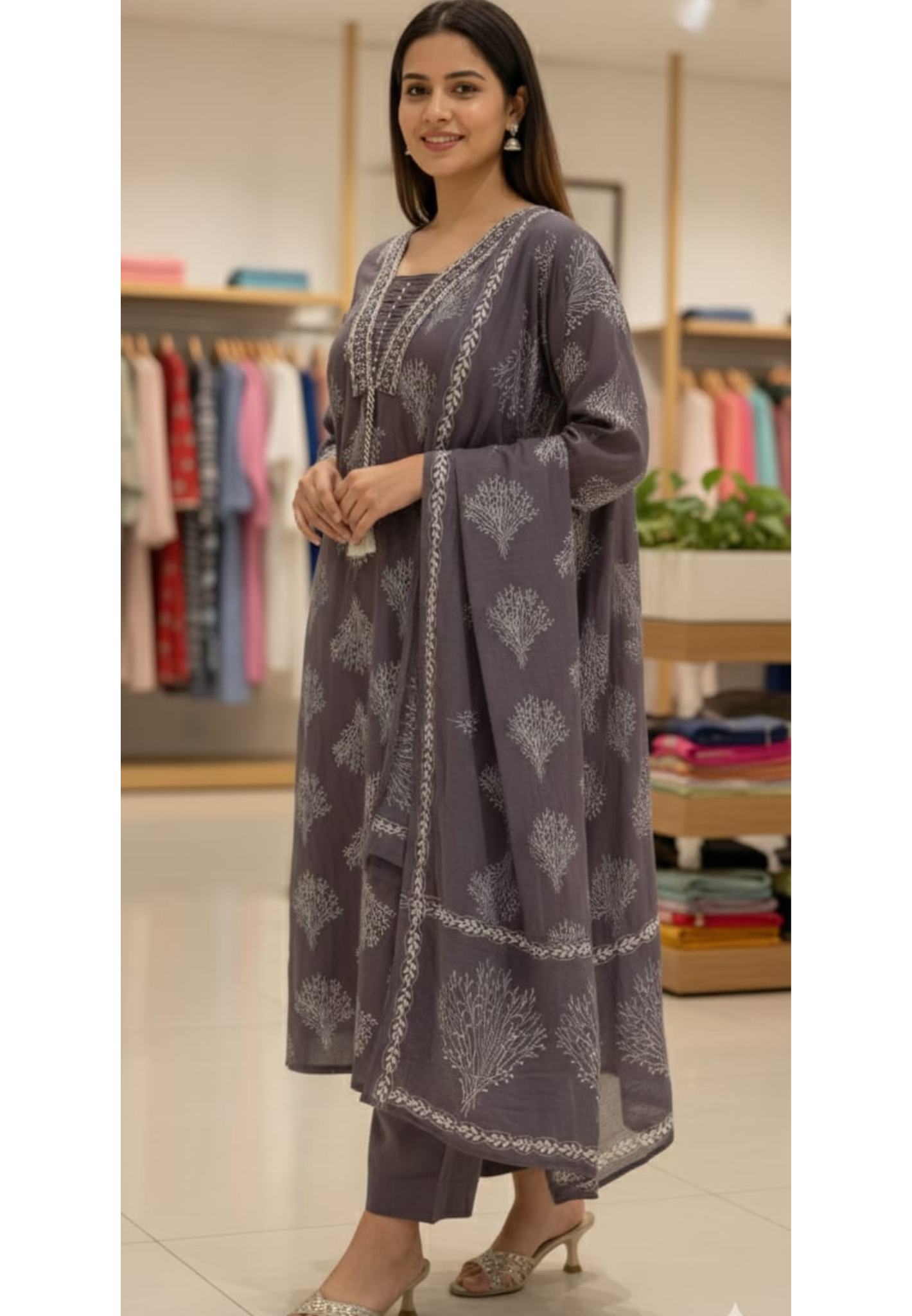 Cotton Elegant Hand block Print Kurta Set with Intricate Border Detailing & Tassel Tie-Up Neck Full Suit Set