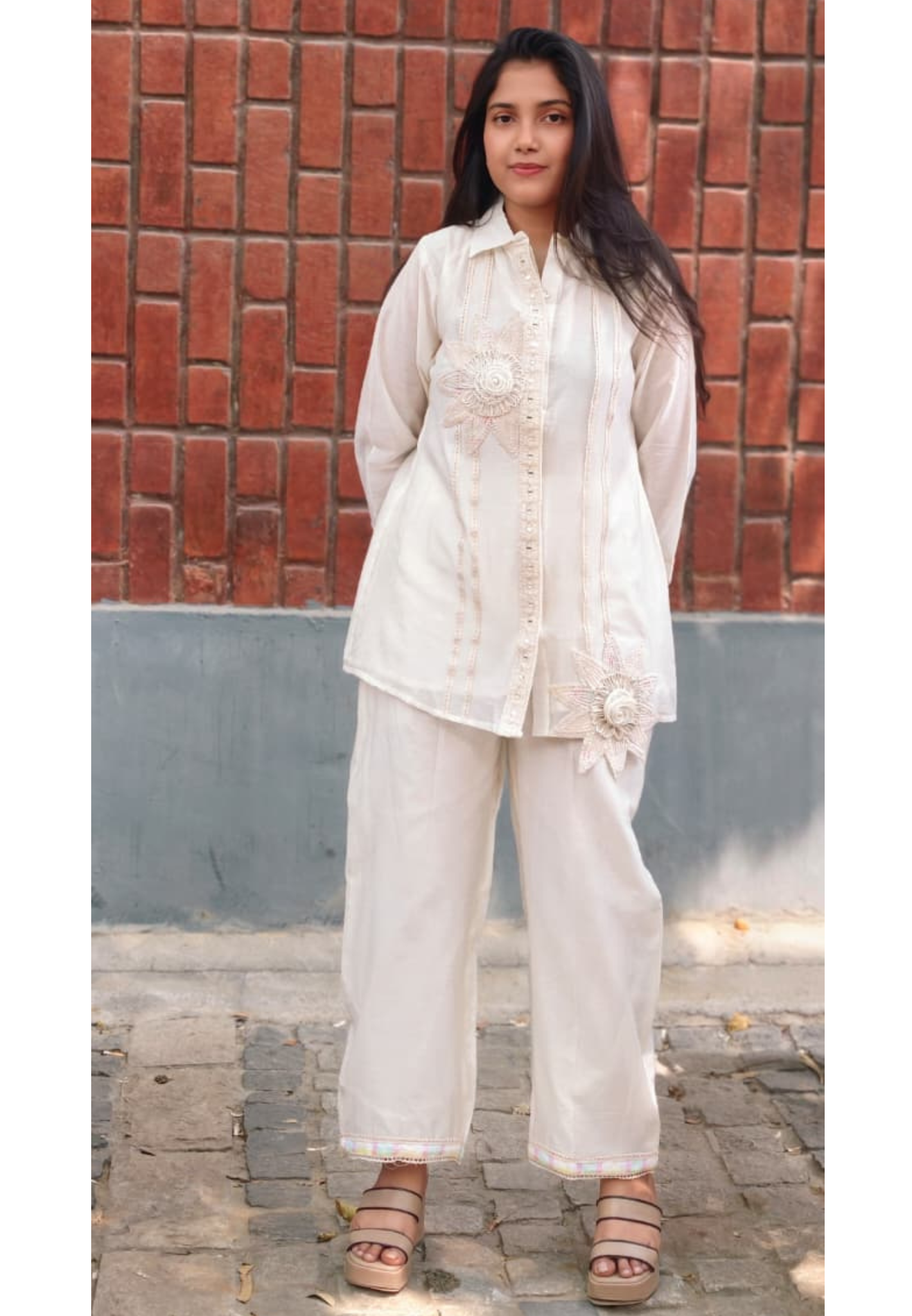 Premium Off-White Cotton Co-Ord Set with Handcrafted 3D Floral Embellishment 13721