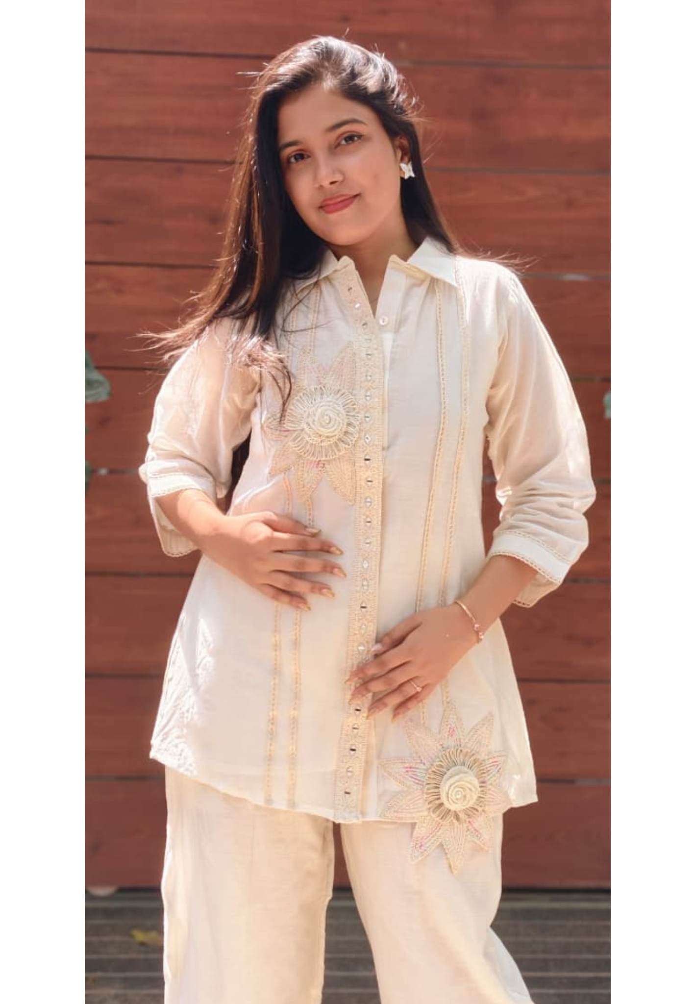 Premium Off-White Cotton Co-Ord Set with Handcrafted 3D Floral Embellishment 13721